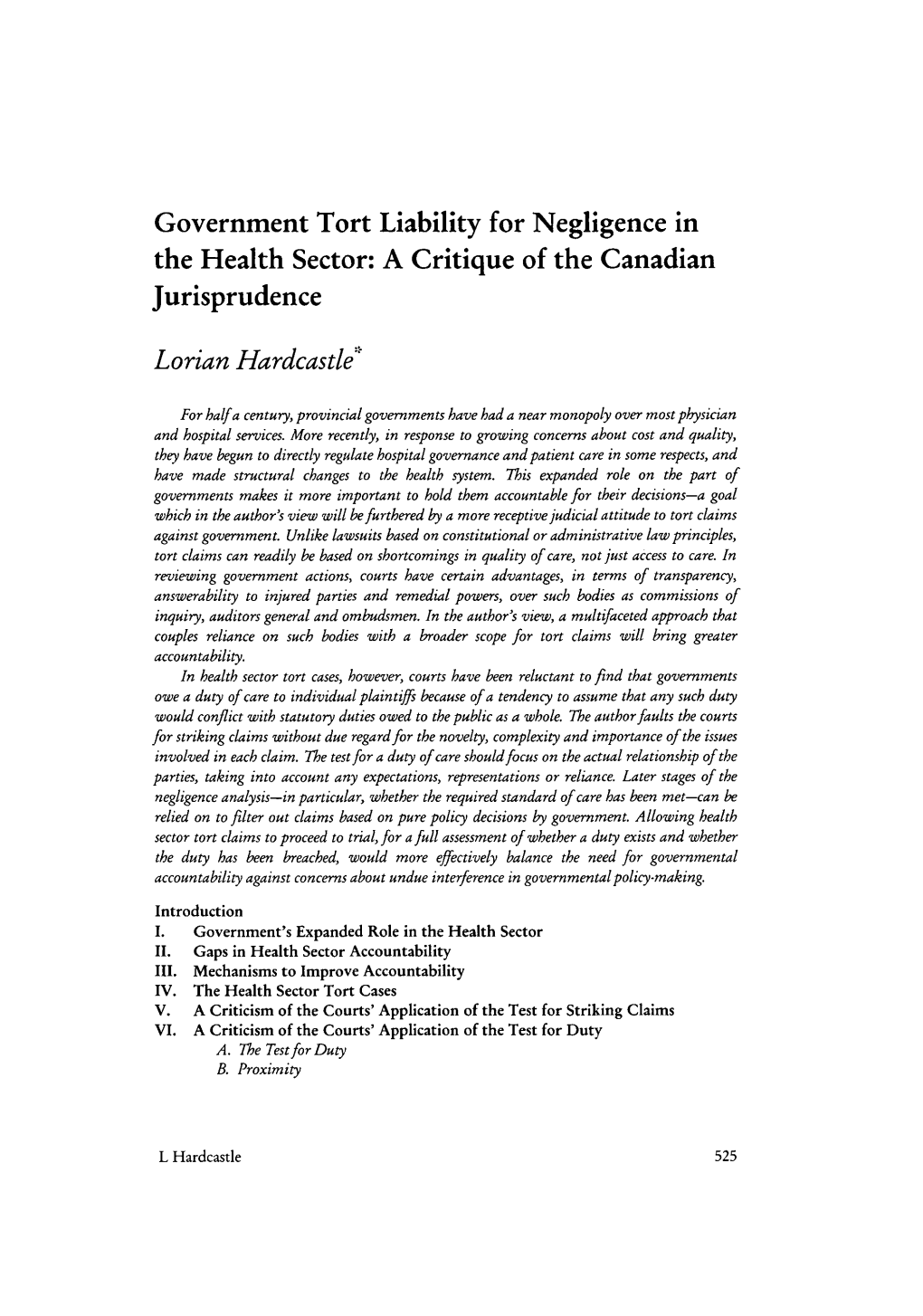 Government Tort Liability for Negligence in the Health Sector: a Critique of the Canadian Jurisprudence