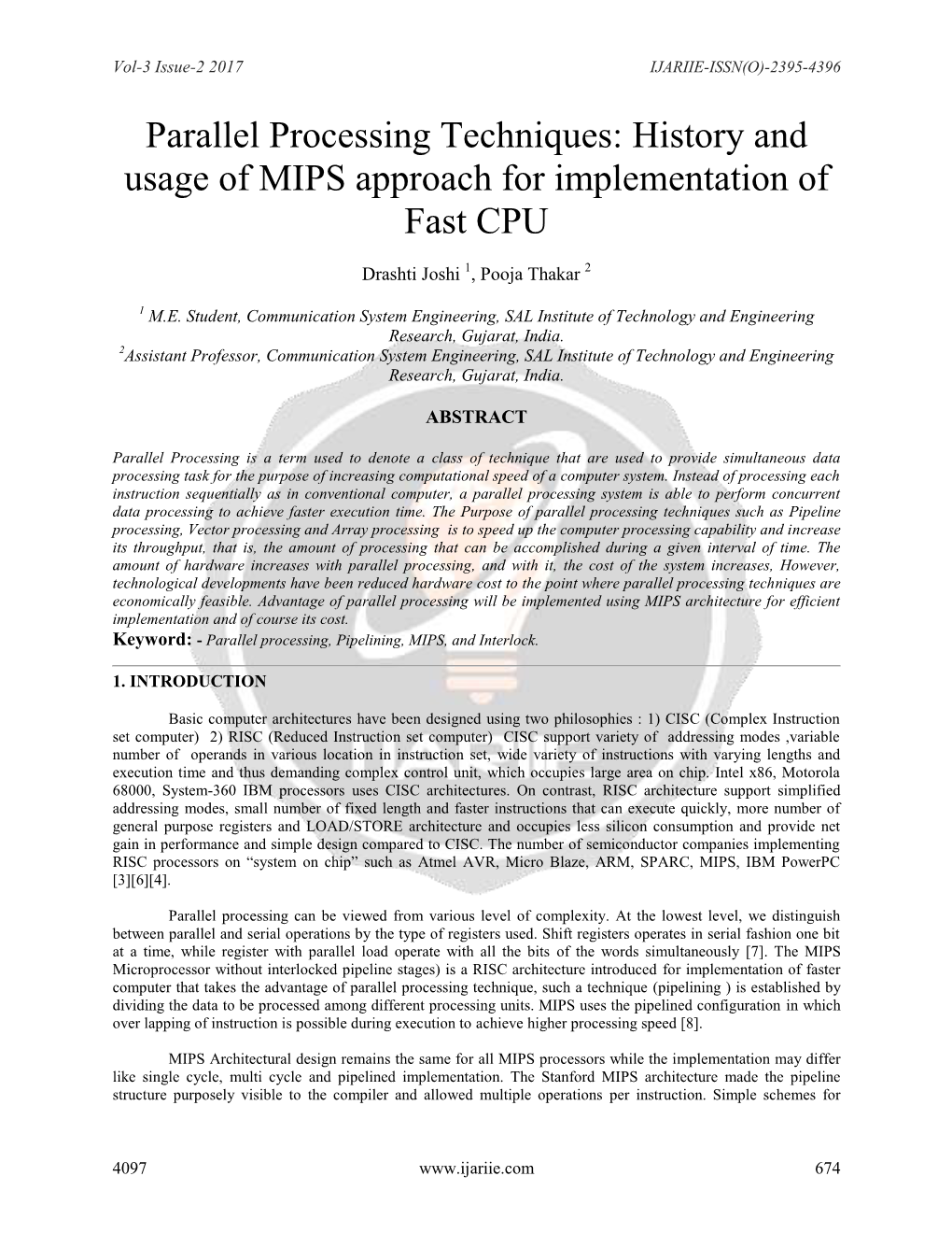 Parallel Processing Techniques: History and Usage of MIPS Approach for Implementation of Fast CPU