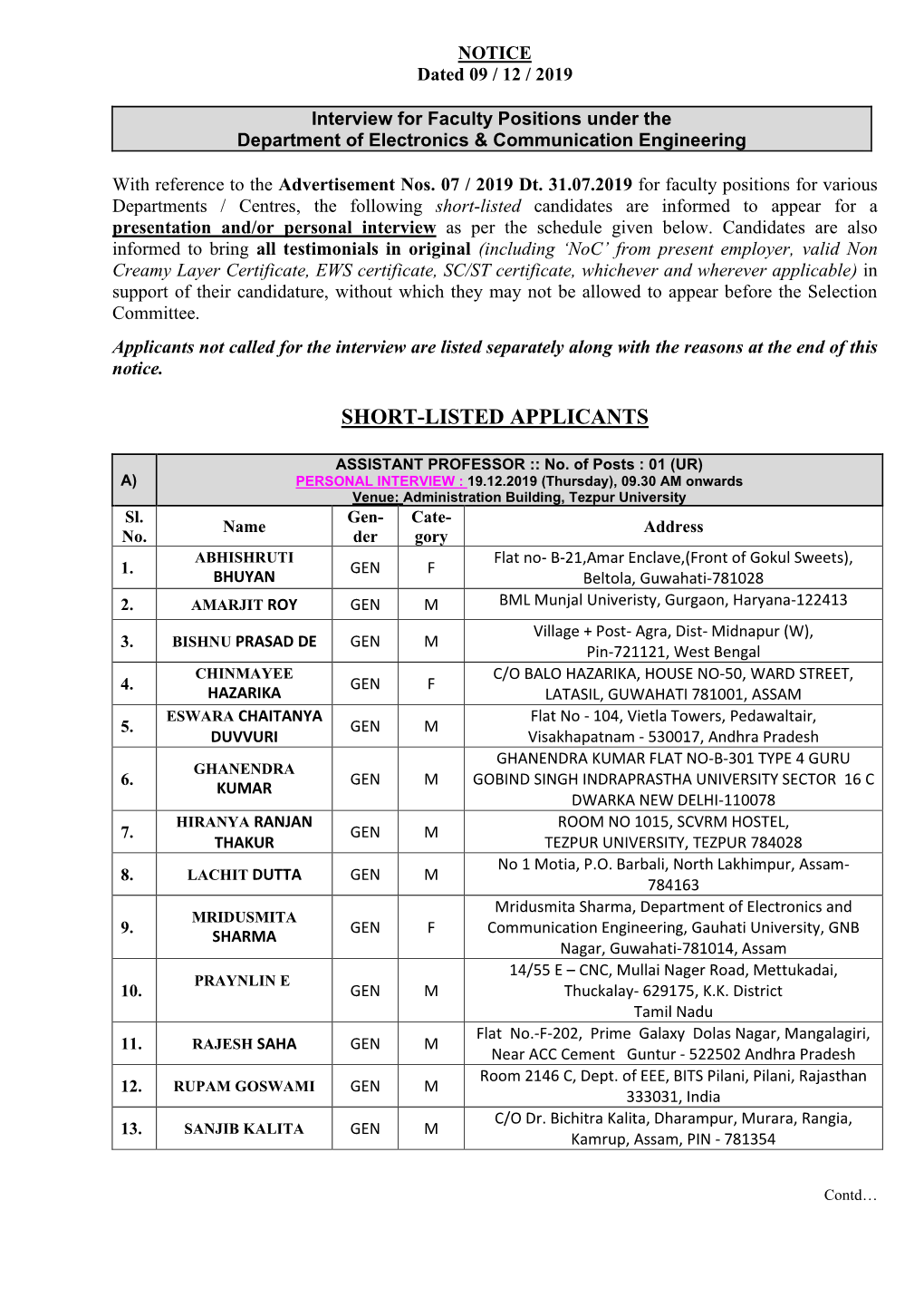 SELECTION COMMITTEE MEETING DEPARTMENT of ELECTRONICS & COMMUNICATION ENGINEERING Against Advertisement No