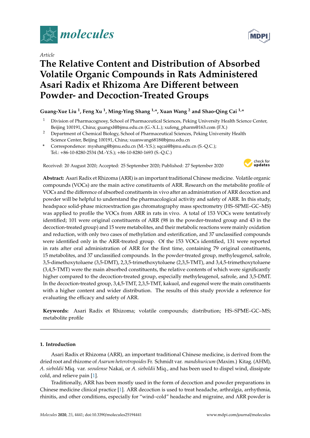 The Relative Content and Distribution of Absorbed Volatile Organic