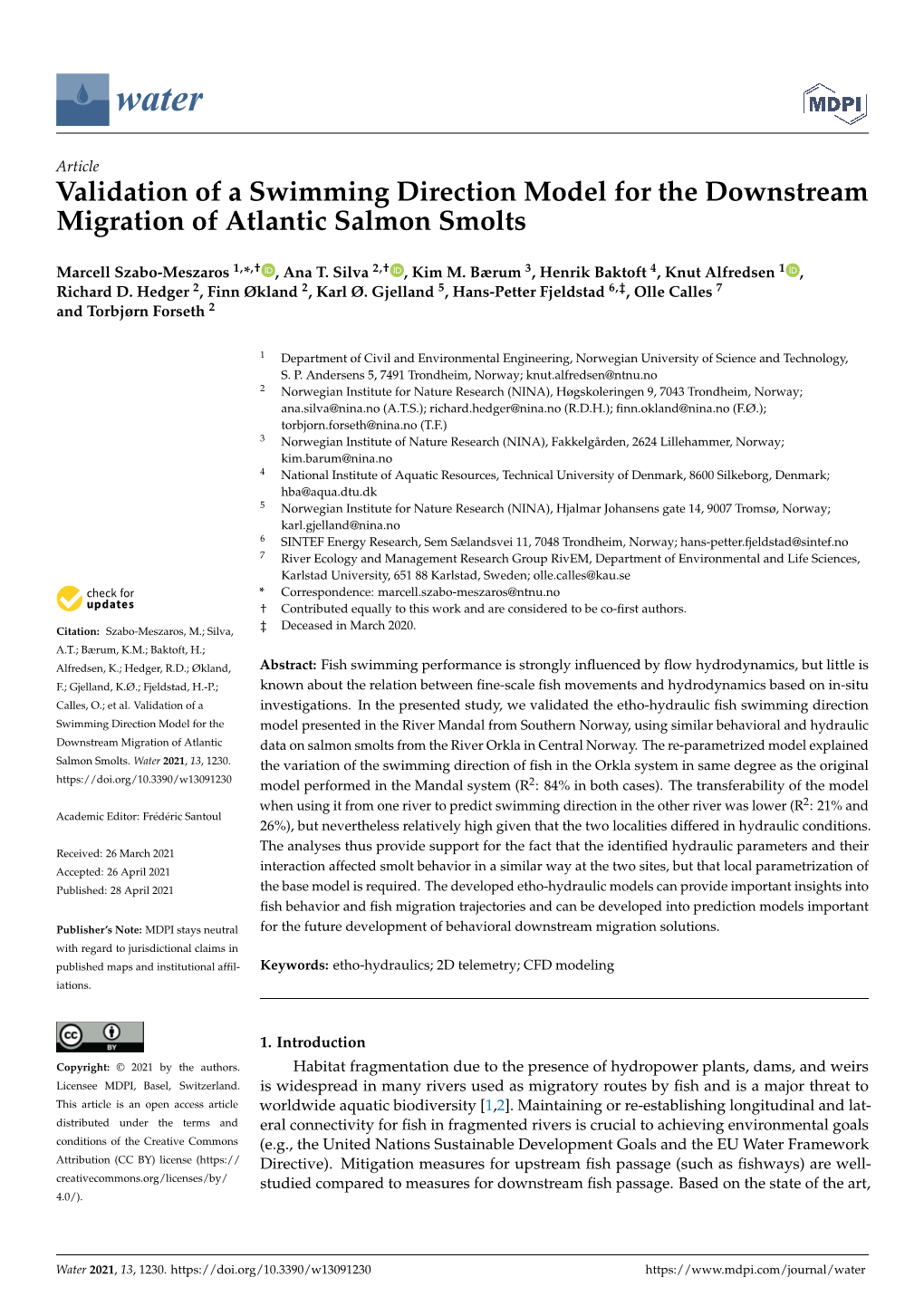 Validation of a Swimming Direction Model for the Downstream Migration of Atlantic Salmon Smolts