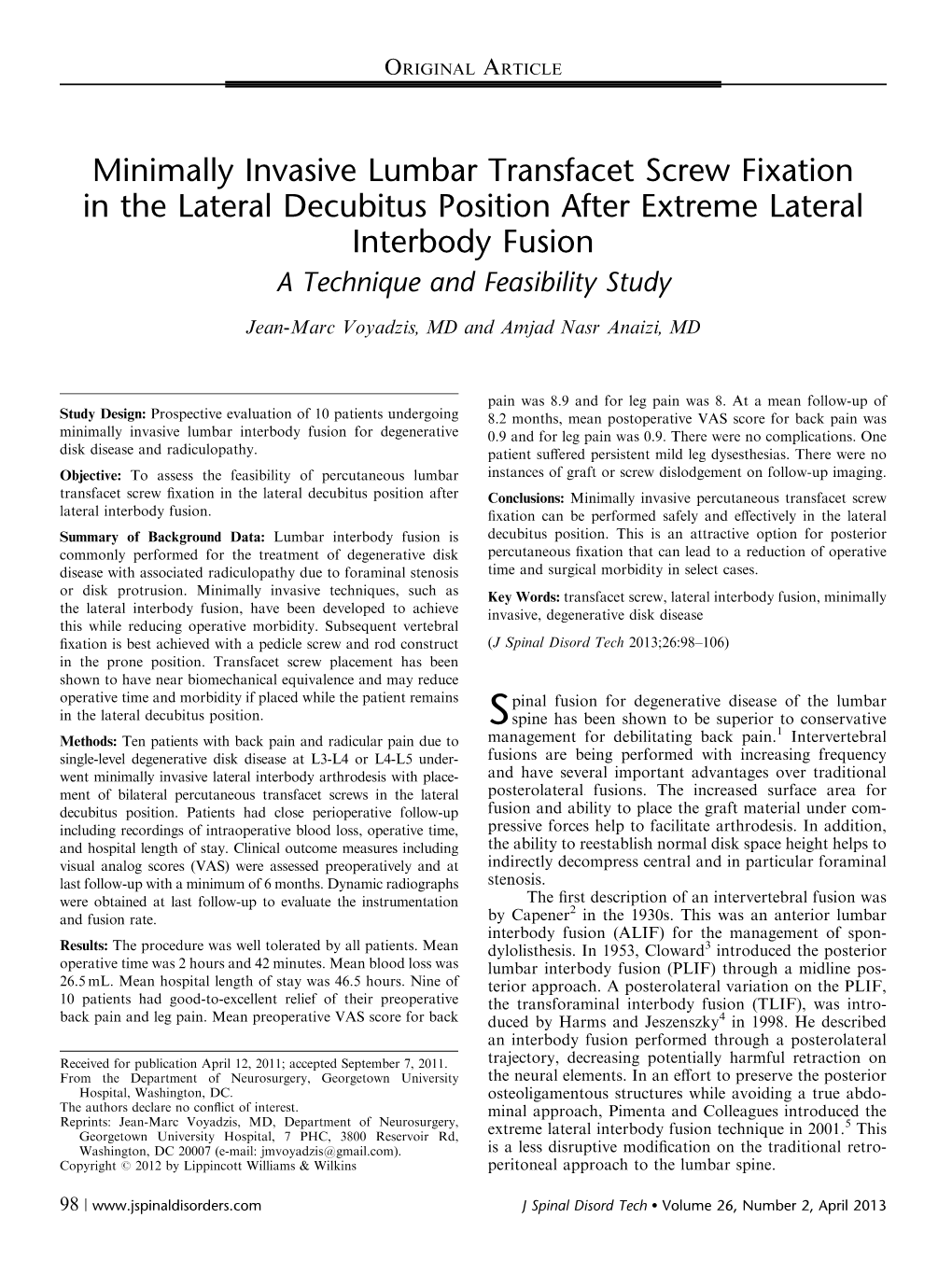 Minimally Invasive Lumbar Transfacet Screw Fixation in the Lateral Decubitus Position After Extreme Lateral Interbody Fusion a Technique and Feasibility Study