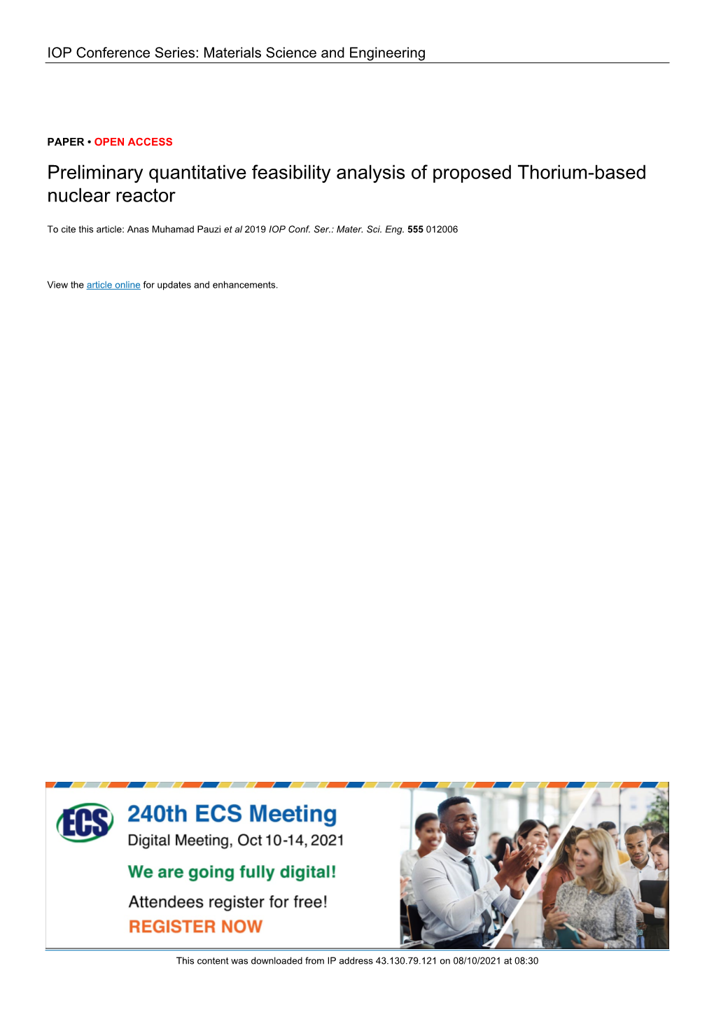 Preliminary Quantitative Feasibility Analysis of Proposed Thorium-Based Nuclear Reactor