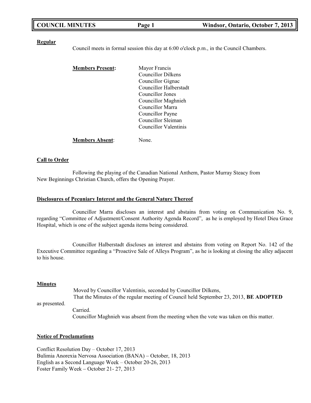 COUNCIL MINUTES Page 1 Windsor, Ontario, October 7, 2013