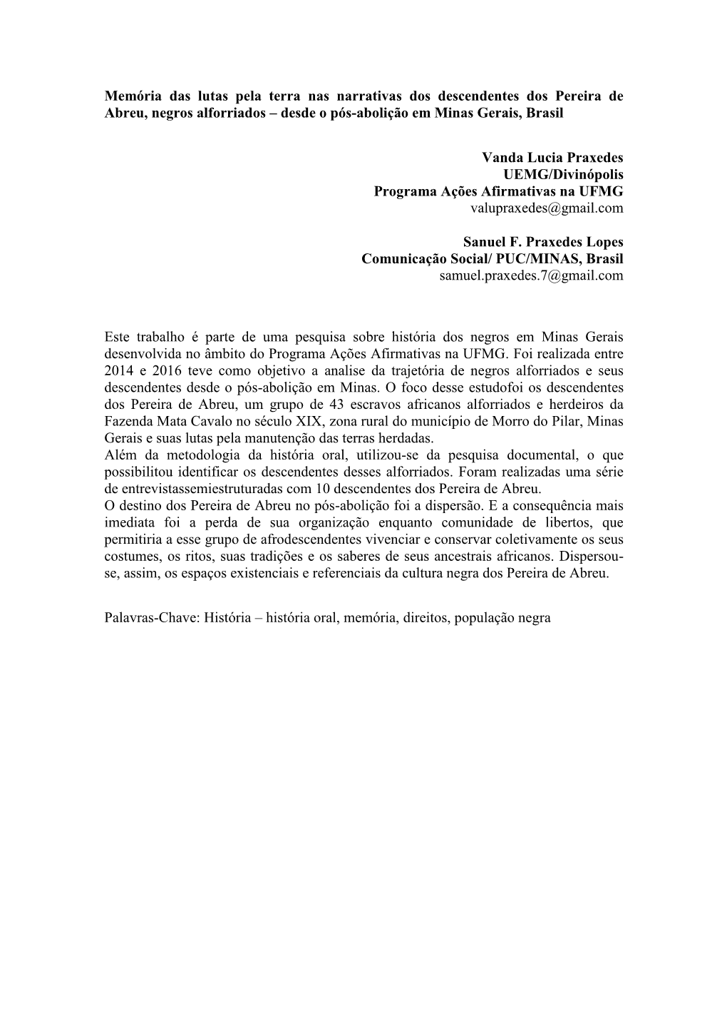 Memória Das Lutas Pela Terra Nas Narrativas Dos Descendentes Dos Pereira De Abreu, Negros Alforriados – Desde O Pós-Abolição Em Minas Gerais, Brasil