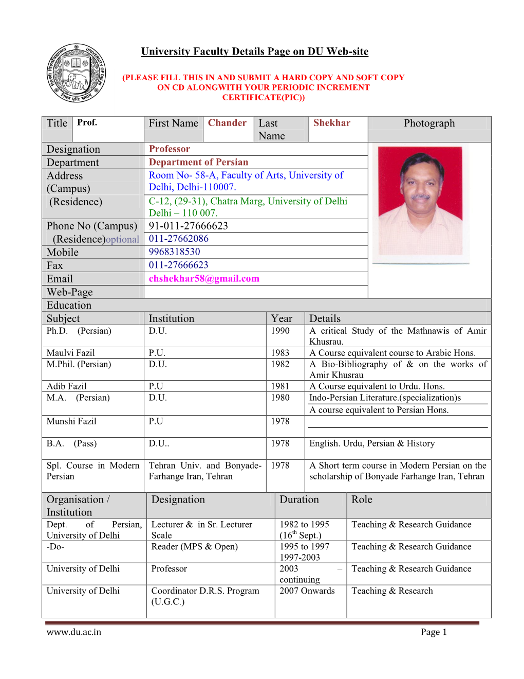 Title Prof. First Name Chander Last Name Photograph Designation