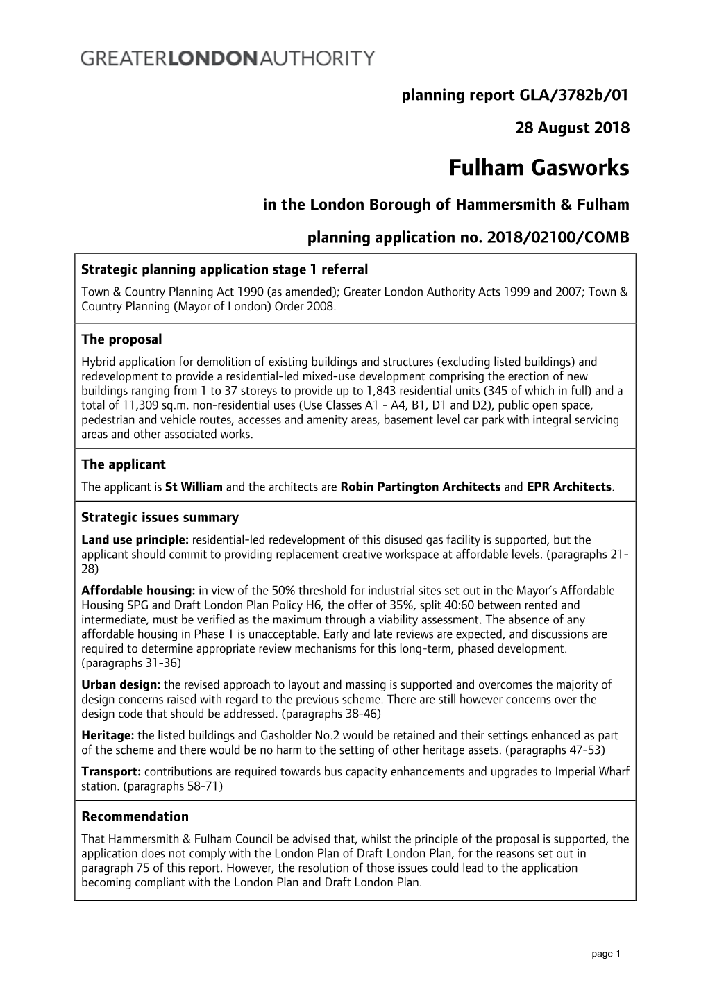 Fulham Gasworks in the London Borough of Hammersmith & Fulham Planning Application No