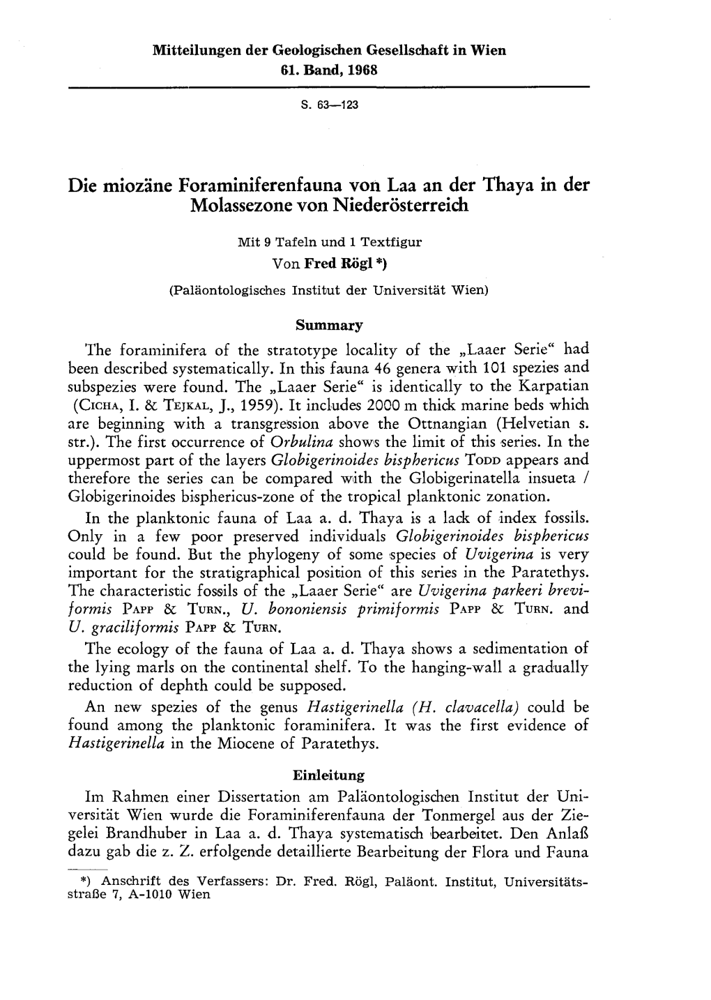 Die Miozäne Foraminiferenfauna Von Laa an Der Thaya in Der Molassezone Von Niederösterreich