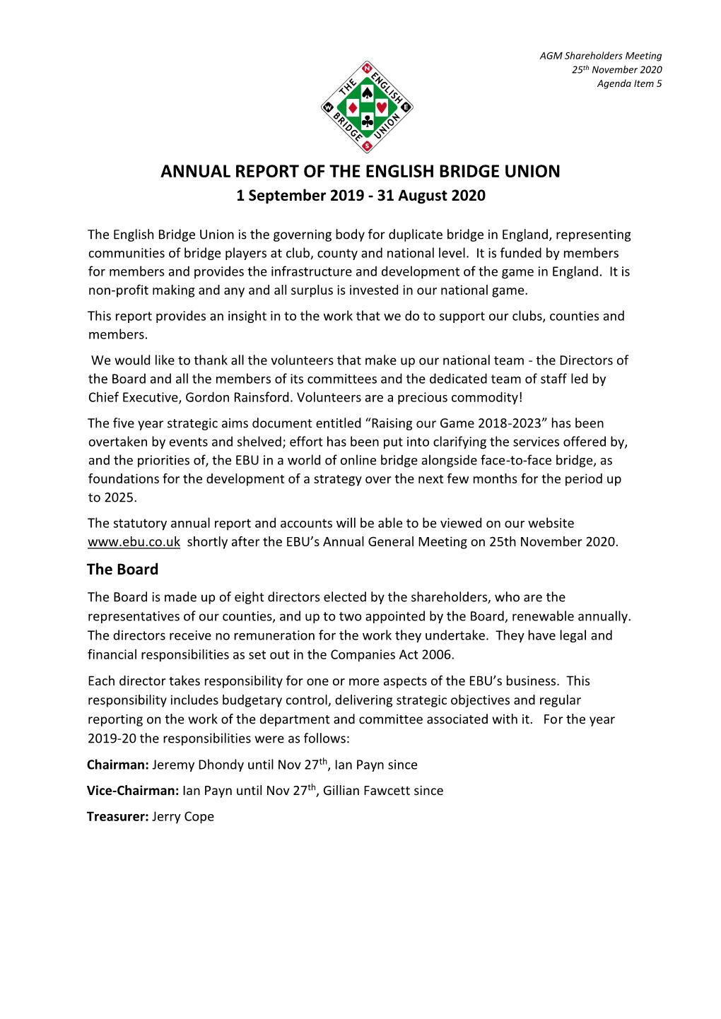 ANNUAL REPORT of the ENGLISH BRIDGE UNION 1 September 2019 - 31 August 2020