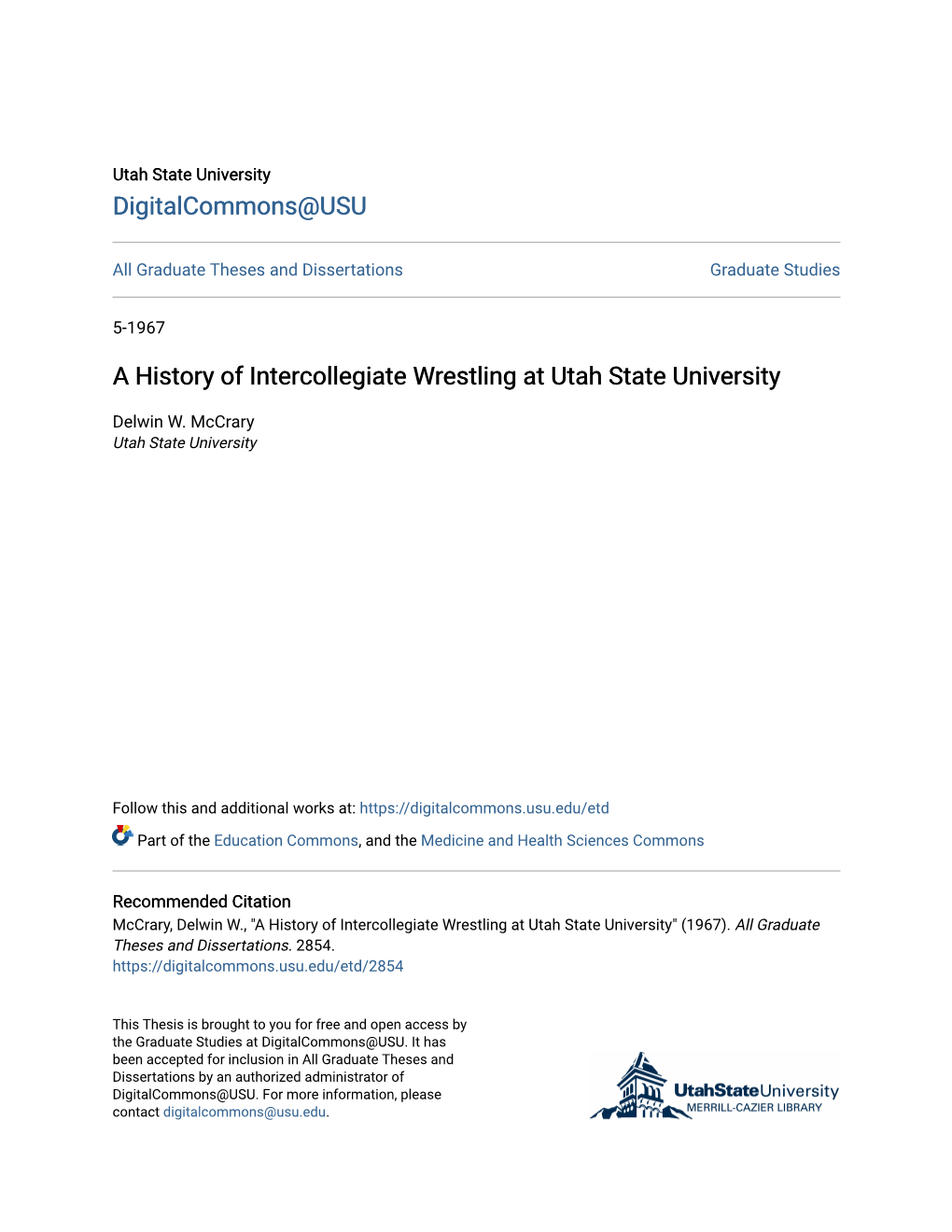 A History of Intercollegiate Wrestling at Utah State University