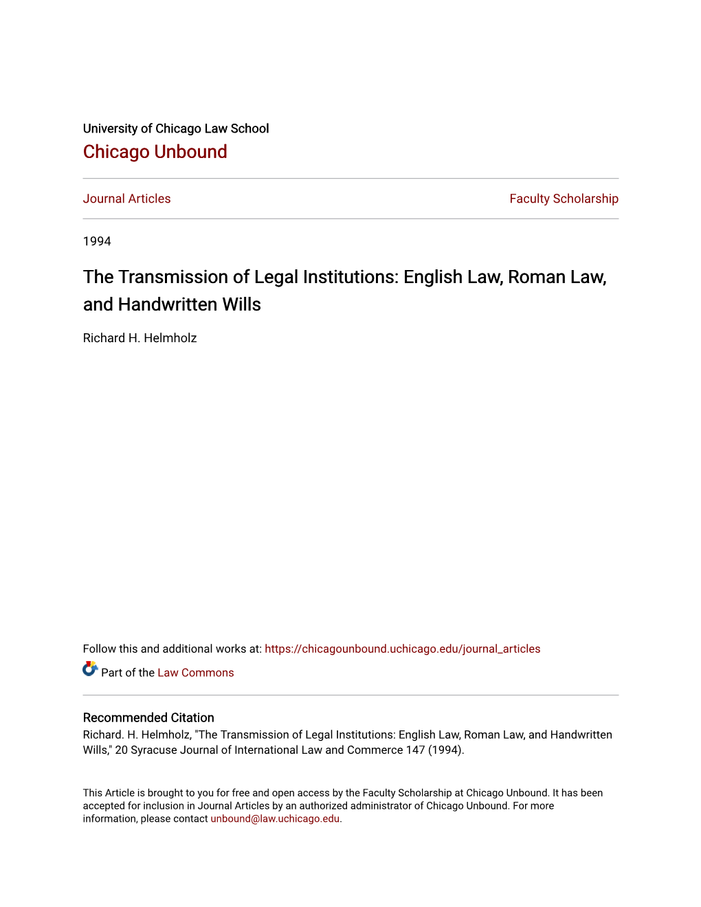 English Law, Roman Law, and Handwritten Wills