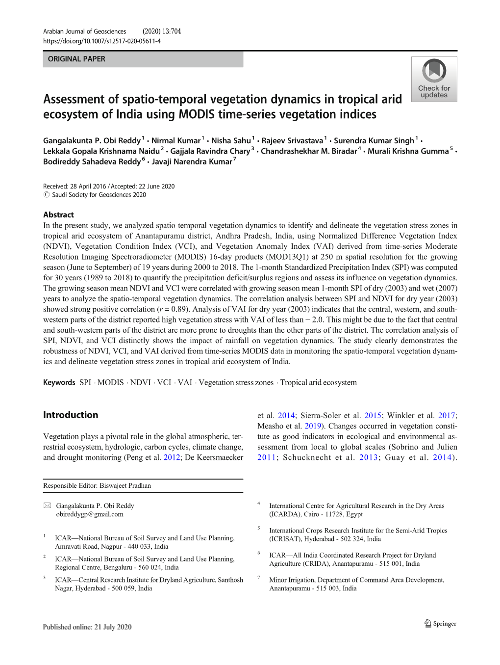 Assessment of Spatio-Temporal Vegetation Dynamics in Tropical Arid Ecosystem of India Using MODIS Time-Series Vegetation Indices