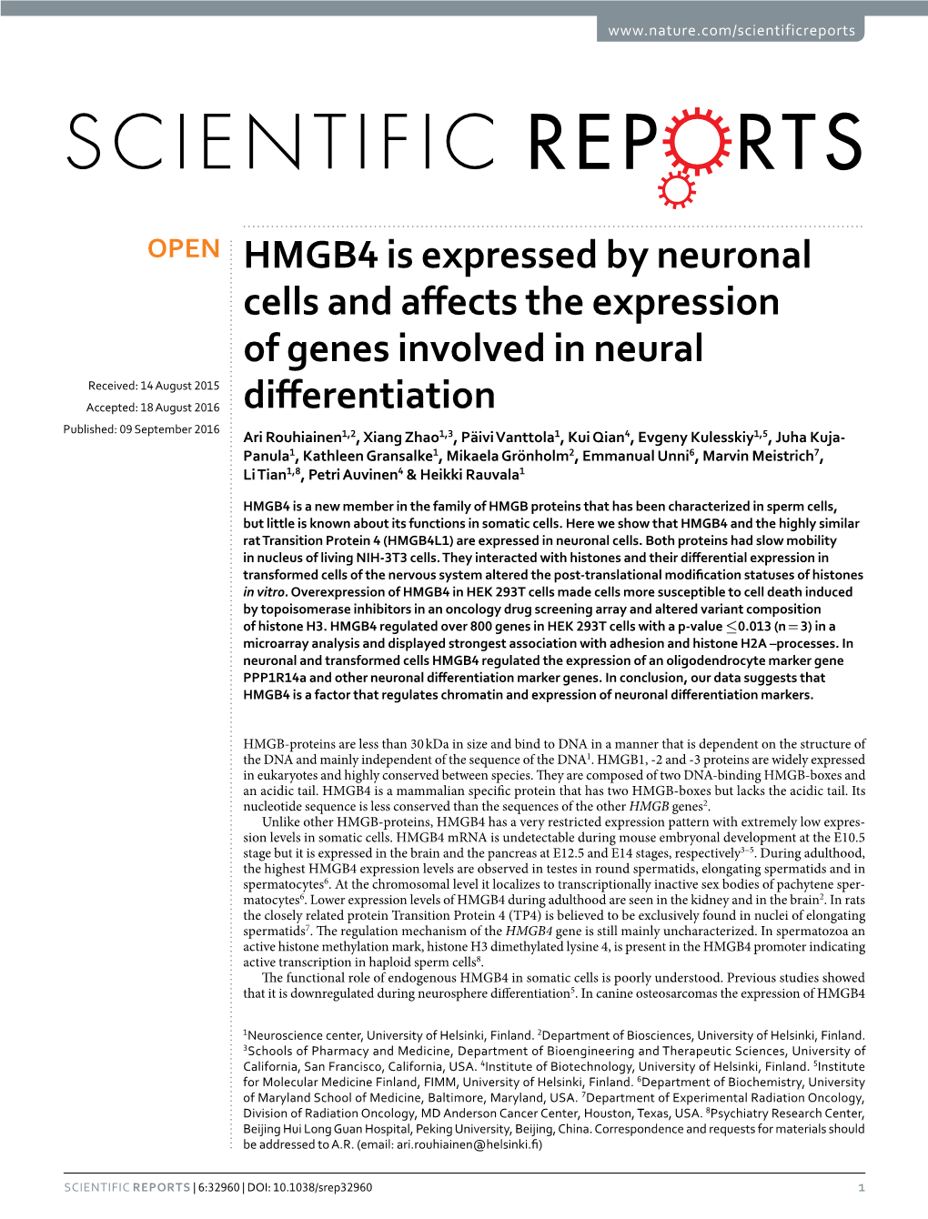 HMGB4 Is Expressed by Neuronal Cells and Affects the Expression Of