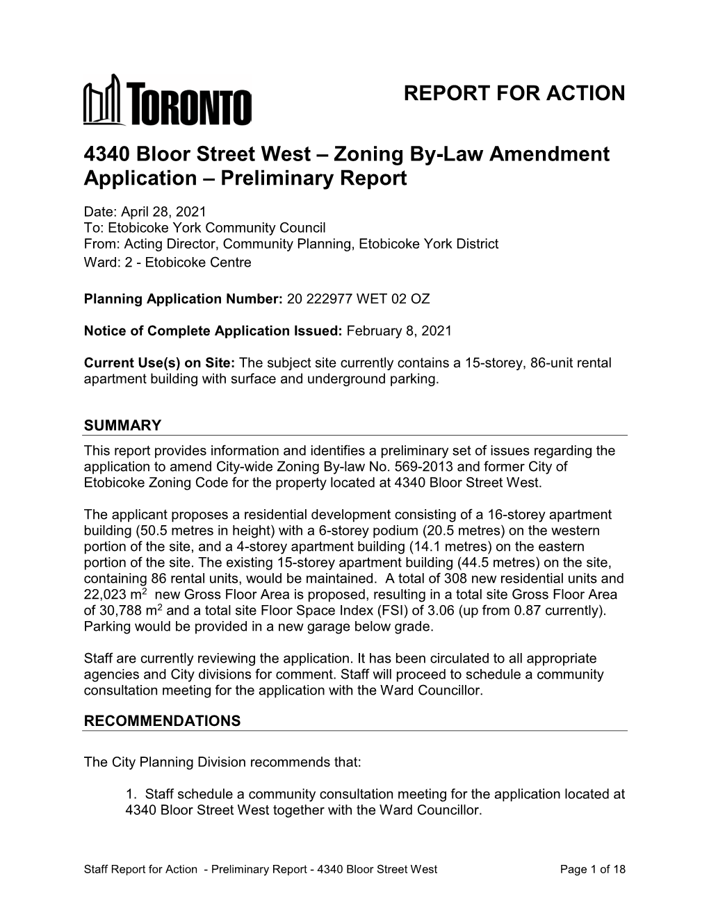 4340 Bloor Street West – Zoning By-Law Amendment Application – Preliminary Report