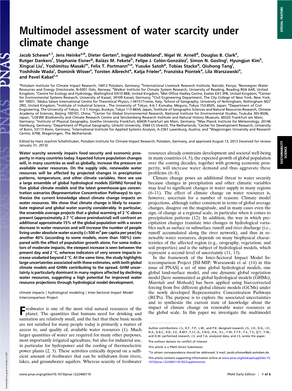 Multimodel Assessment of Water Scarcity Under Climate Change