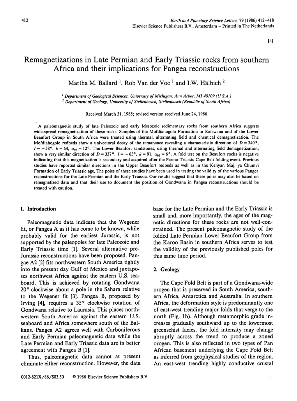 Remagnetizations in Late Permian and Early Triassic Rocks from Southern Africa and Their Implications for Pangeareconstructions