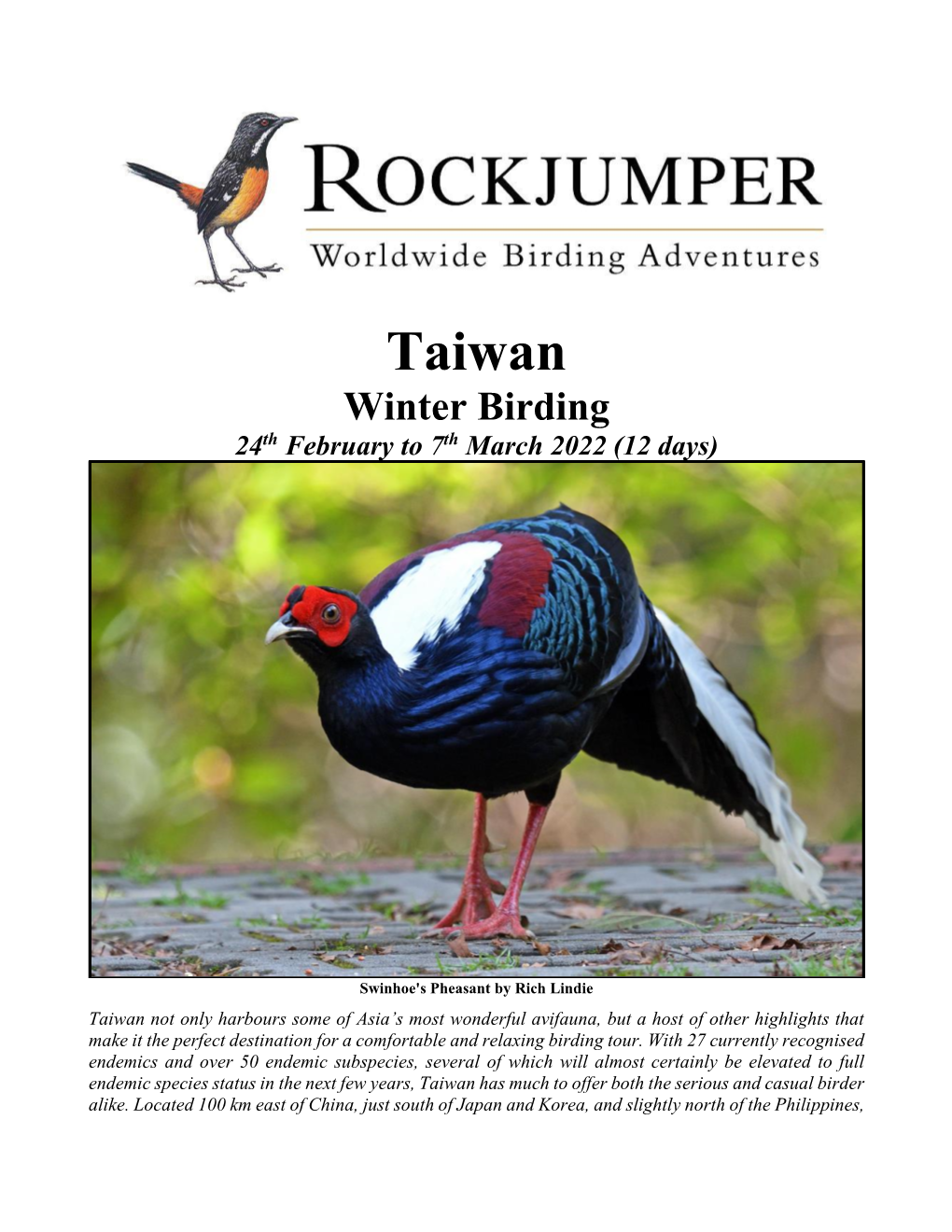 Taiwan Winter Birding 24Th February to 7Th March 2022 (12 Days)
