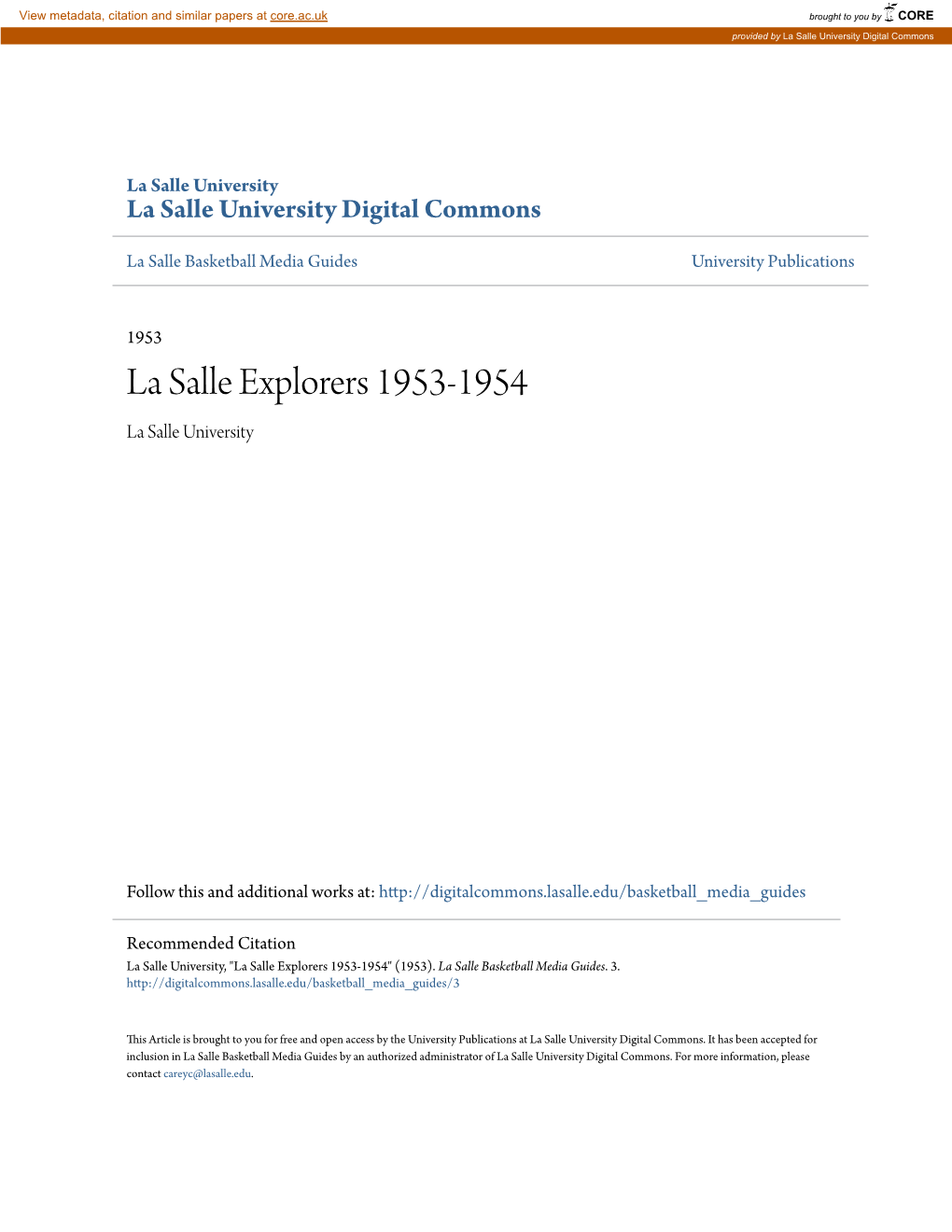 La Salle Explorers 1953-1954 La Salle University