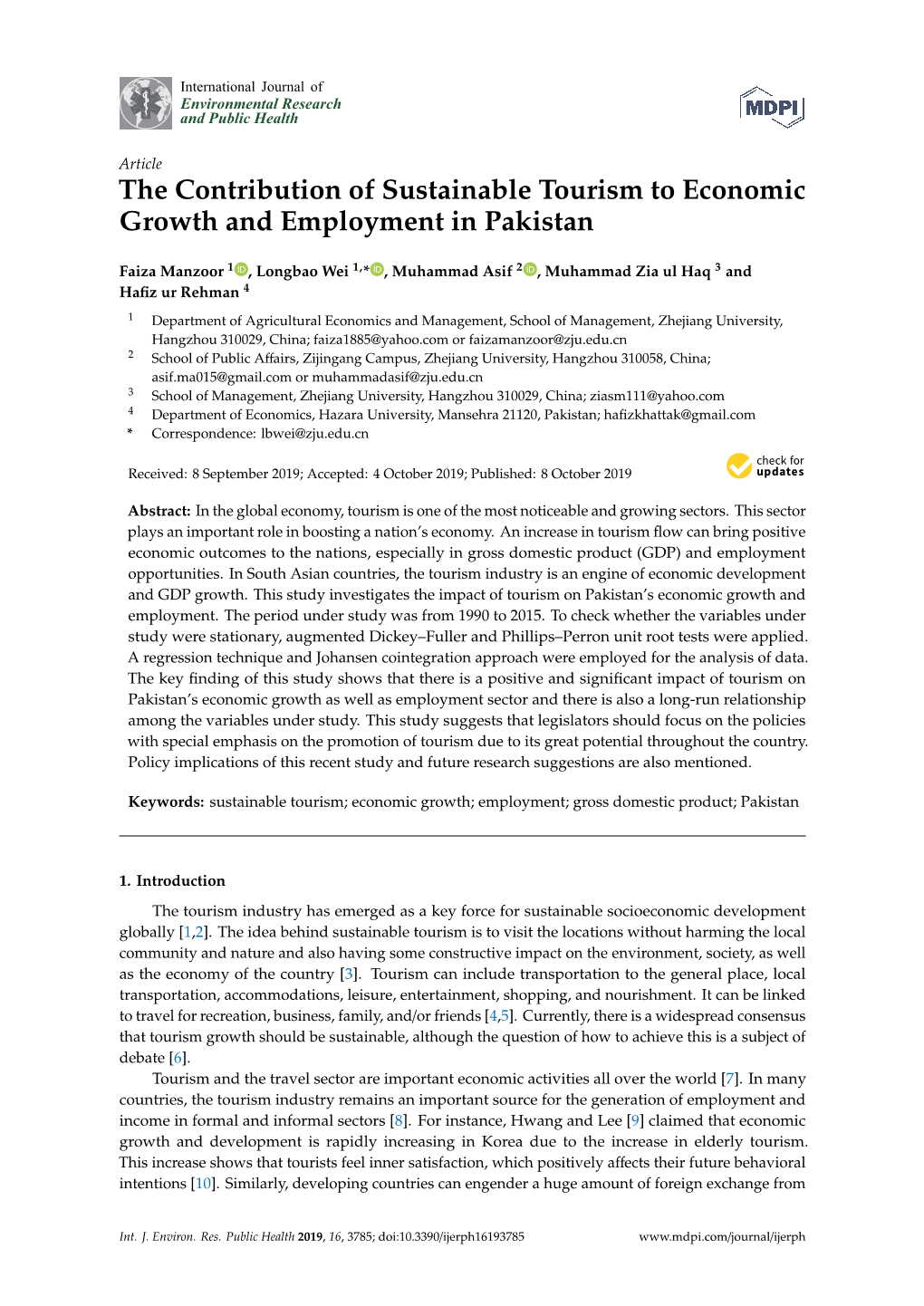 The Contribution of Sustainable Tourism to Economic Growth and Employment in Pakistan