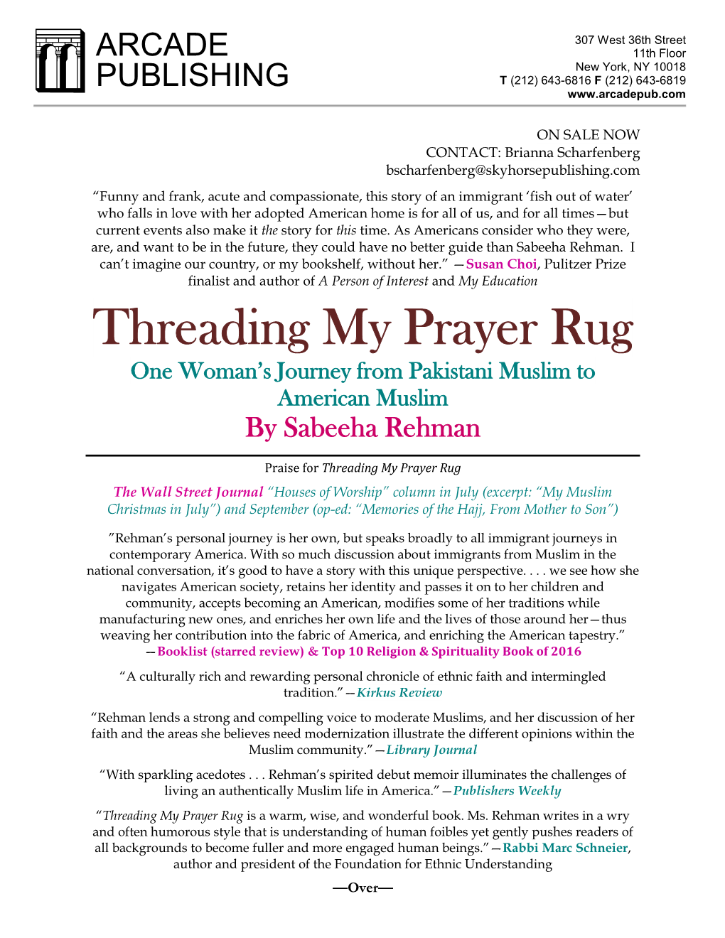 Threading My Prayer Rug One Woman’S Journey from Pakistani Muslim to American Muslim by Sabeeha Rehman