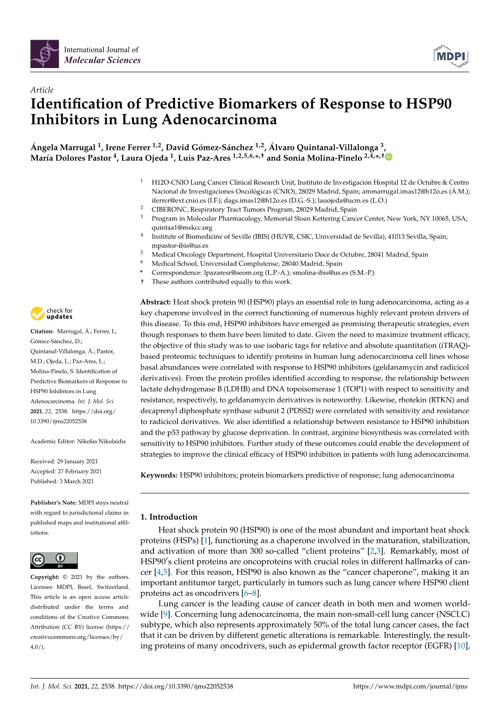 Identification of Predictive Biomarkers of Response to HSP90 Inhibitors In