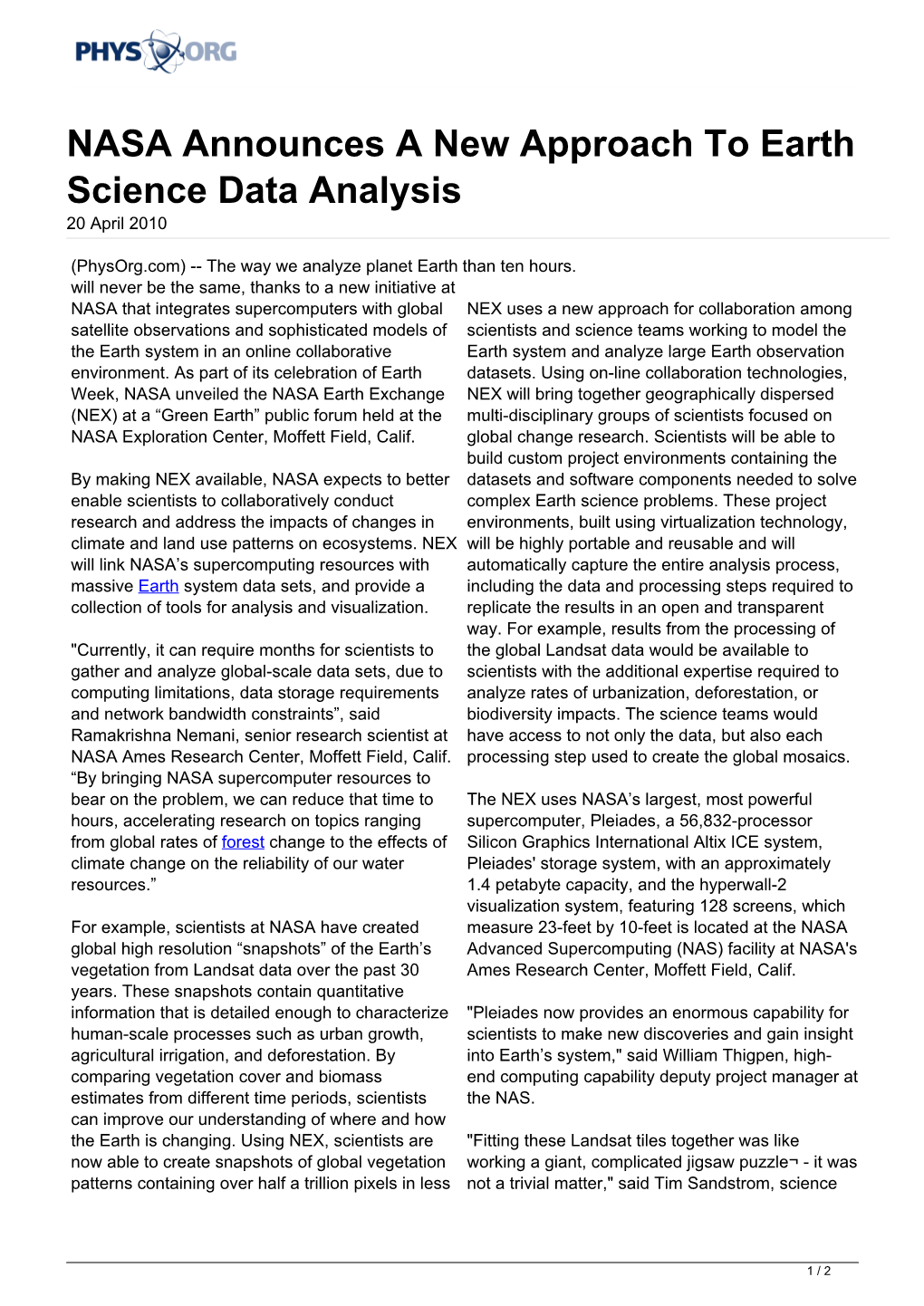 NASA Announces a New Approach to Earth Science Data Analysis 20 April 2010