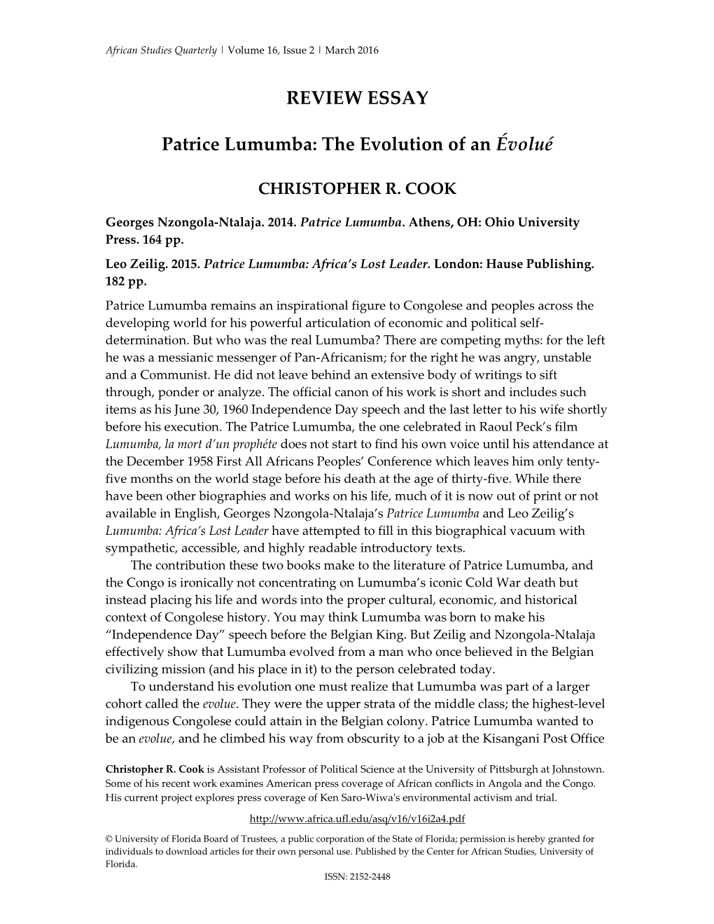 REVIEW ESSAY Patrice Lumumba: the Evolution of an Évolué