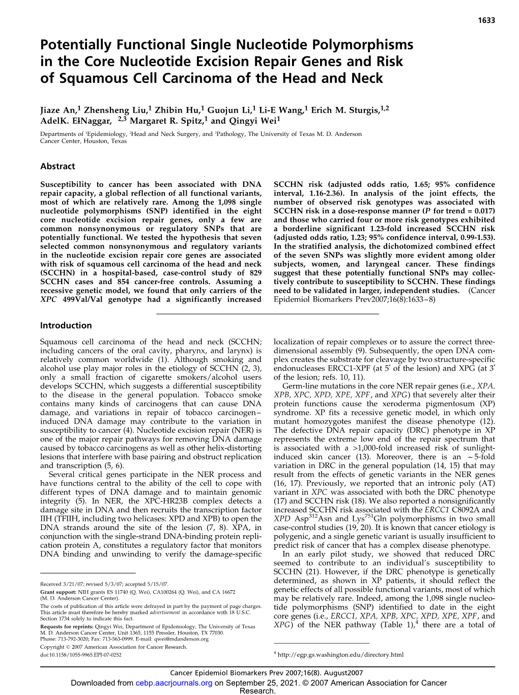 Potentially Functional Single Nucleotide Polymorphisms in the Core Nucleotide Excision Repair Genes and Risk of Squamous Cell Carcinoma of the Head and Neck