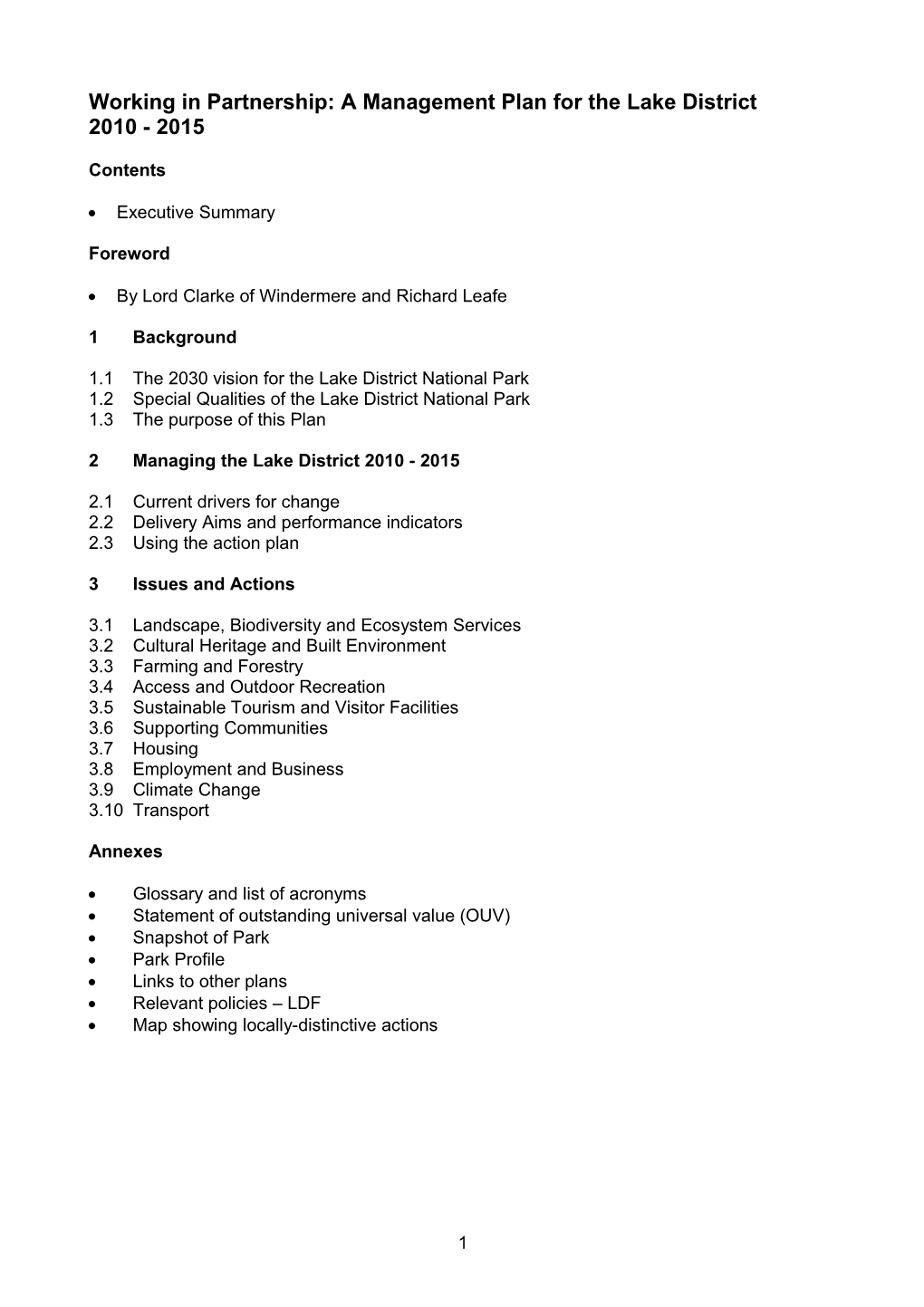 Draft Structure For National Park Management Plan