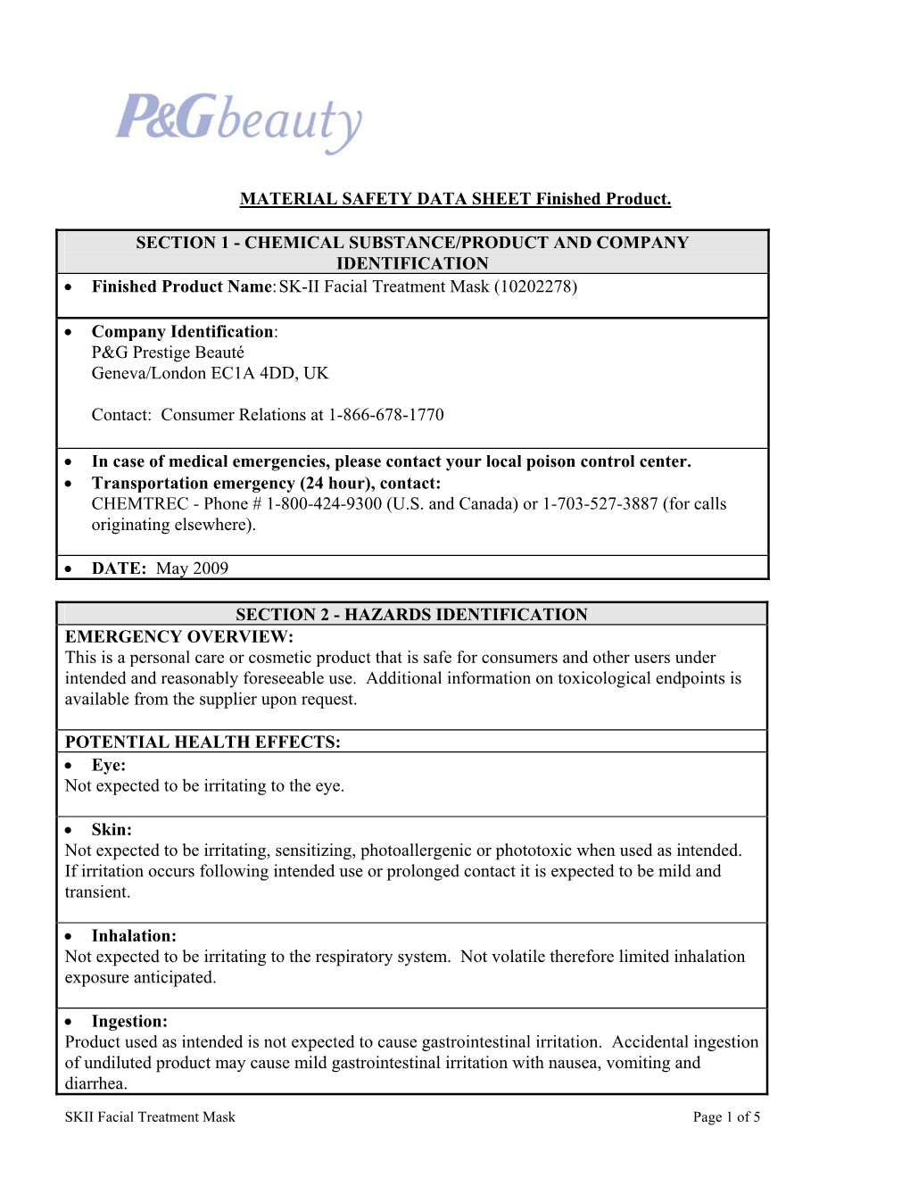 MATERIAL SAFETY DATA SHEET Finished Product