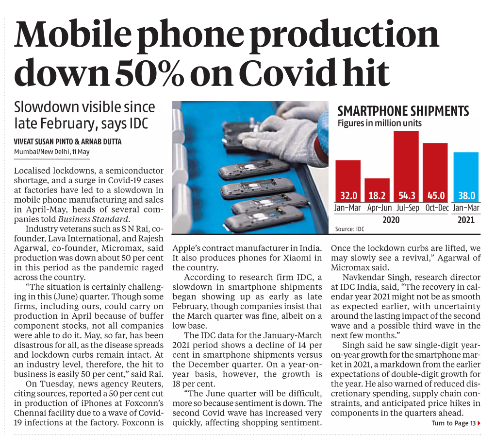 Mobile Phone Production Down 50% on Covid