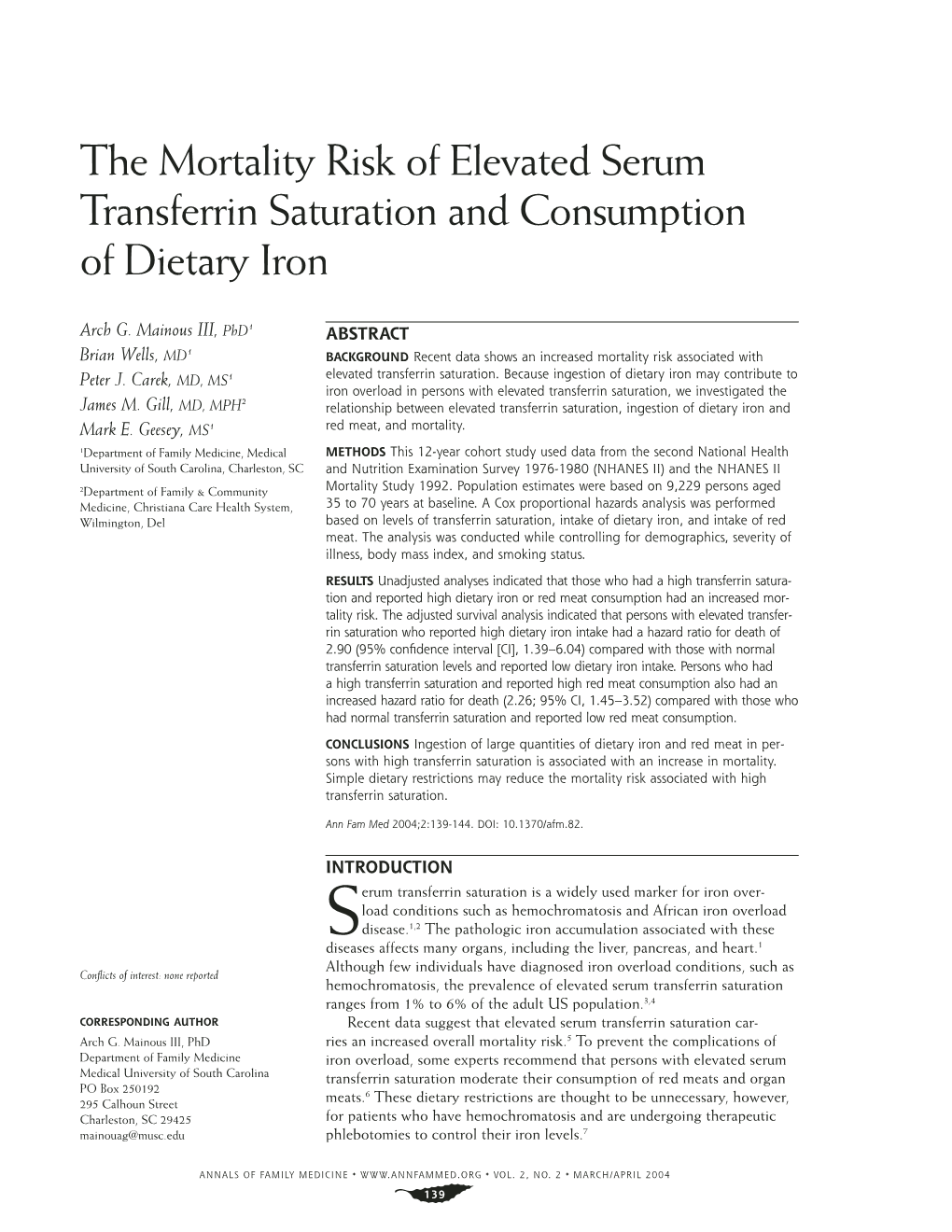The Mortality Risk of Elevated Serum Transferrin Saturation and Consumption of Dietary Iron