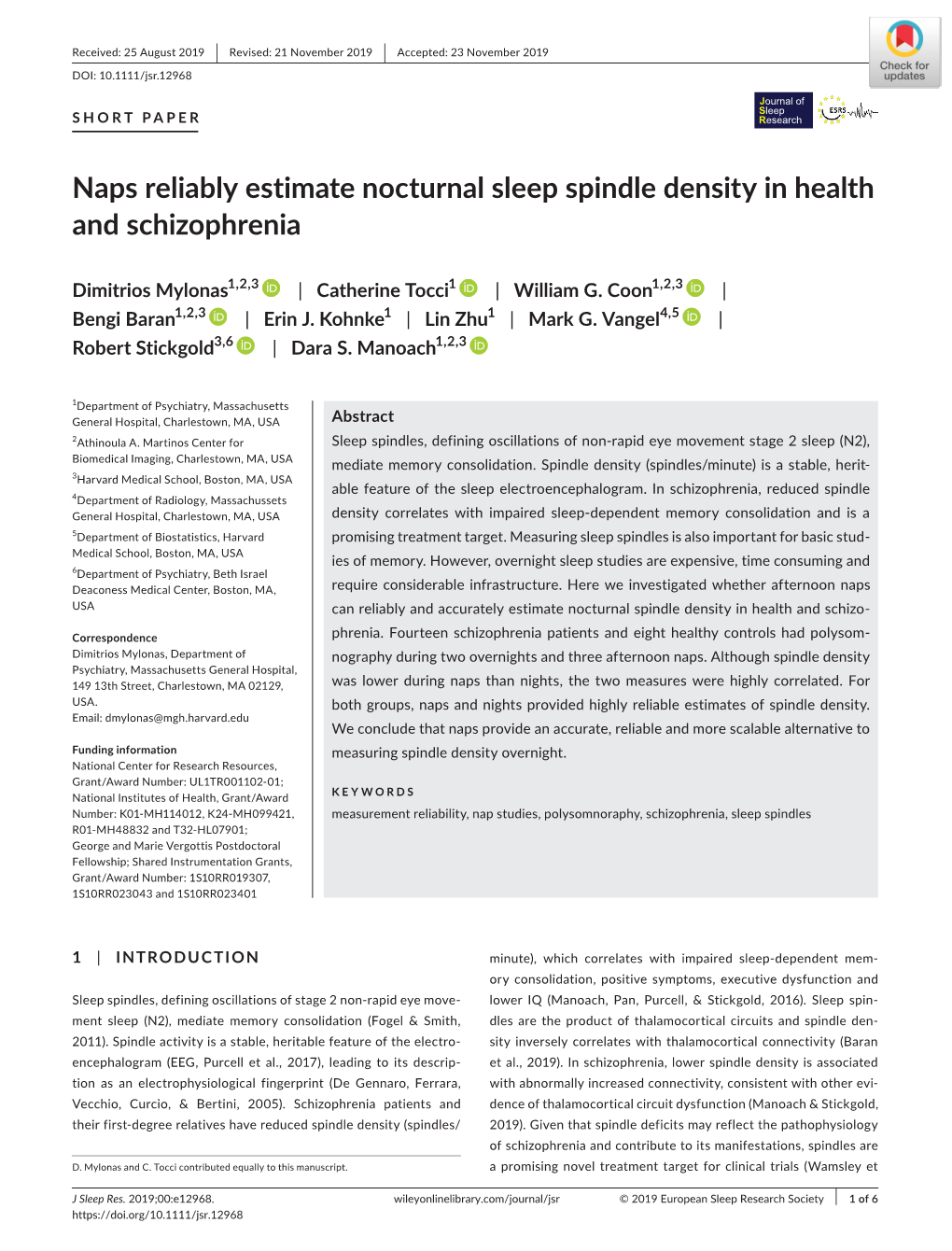 Naps Reliably Estimate Nocturnal Sleep Spindle Density in Health and Schizophrenia