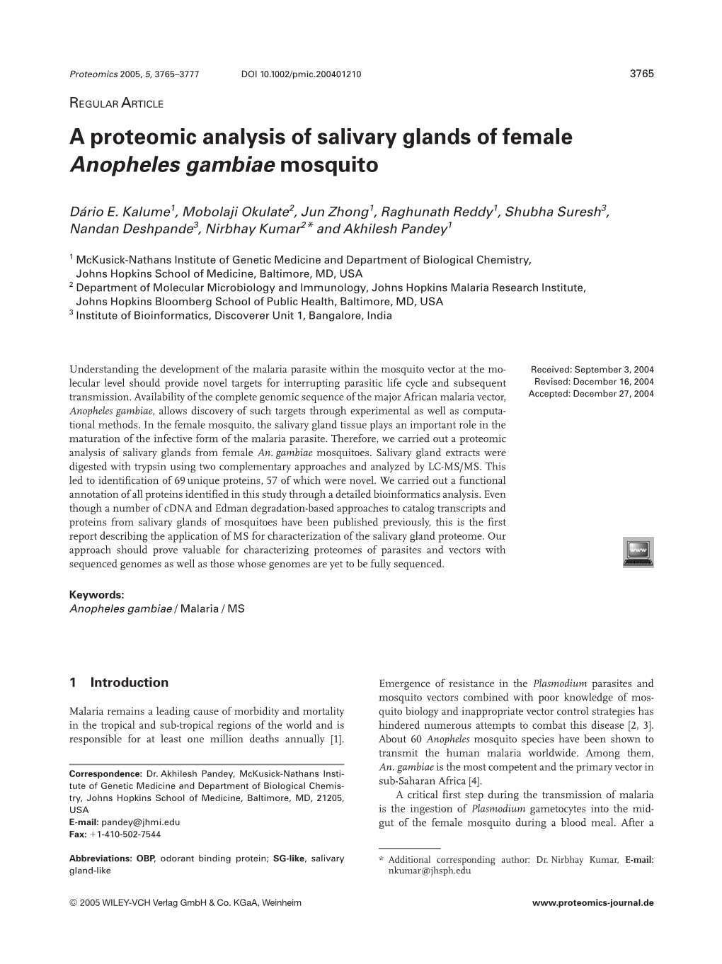 A Proteomic Analysis of Salivary Glands of Female Anopheles Gambiae Mosquito