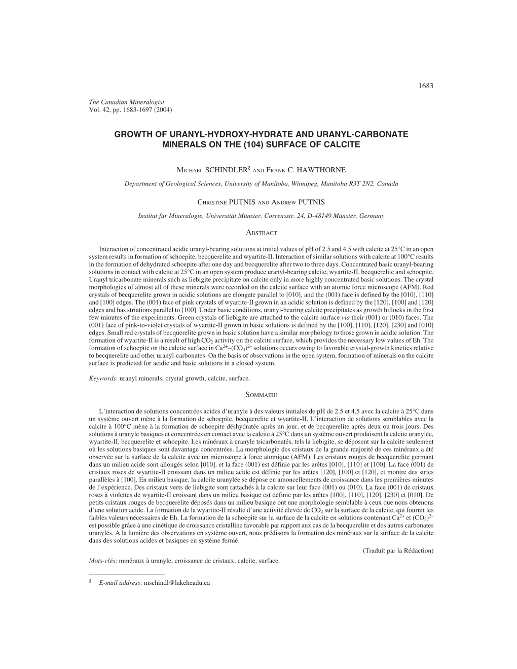 Growth of Uranyl-Hydroxy-Hydrate and Uranyl-Carbonate Minerals on the (104) Surface of Calcite