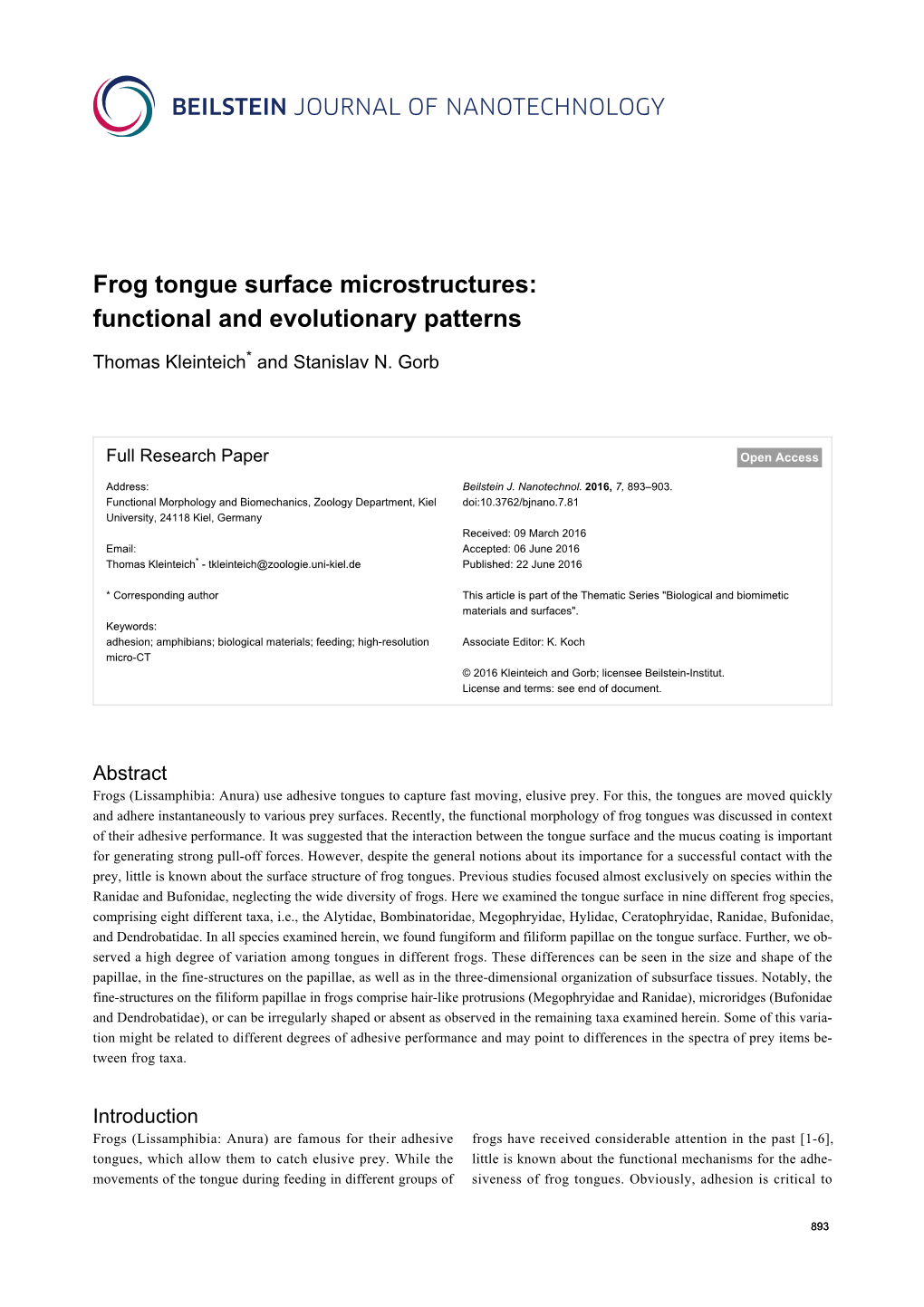 Frog Tongue Surface Microstructures: Functional and Evolutionary Patterns