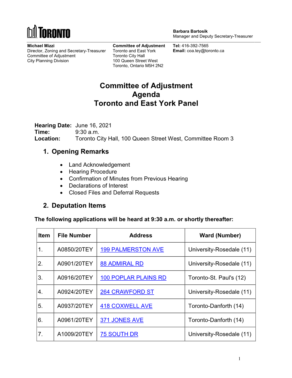 Committee of Adjustment Toronto and East York, Hearing Agenda, June