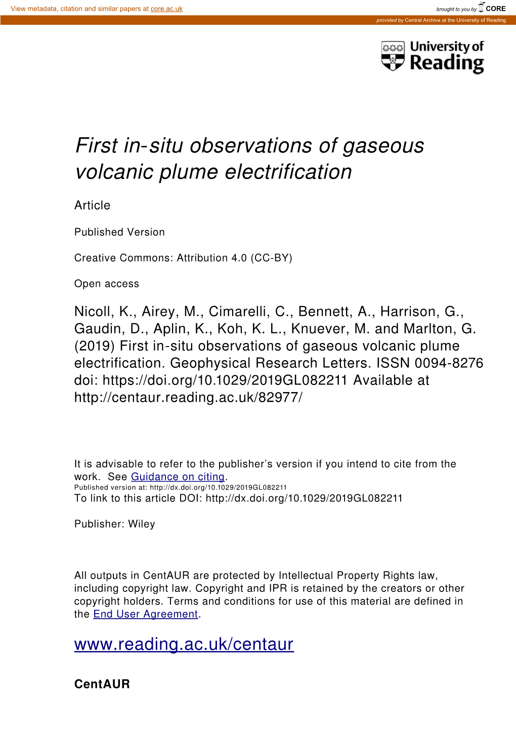 First in Situ Observations of Gaseous Volcanic Plume Electrification