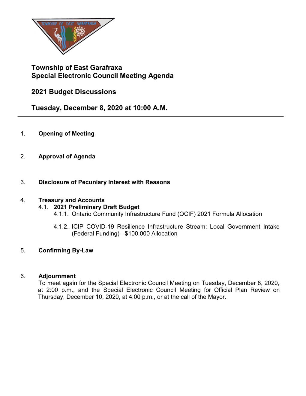 Township of East Garafraxa Special Electronic Council Meeting Agenda