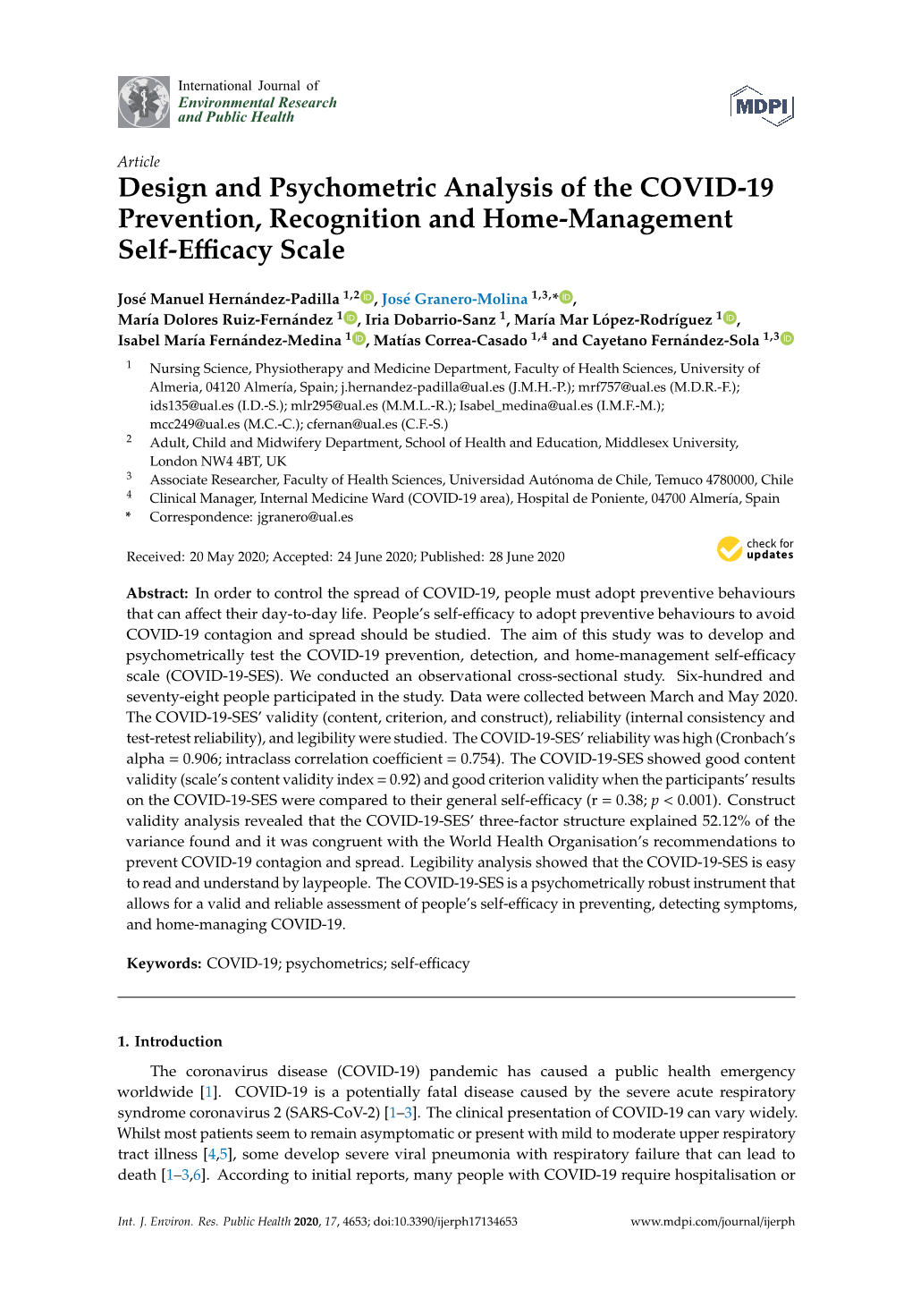 Design and Psychometric Analysis of the COVID-19 Prevention, Recognition and Home-Management Self-Eﬃcacy Scale