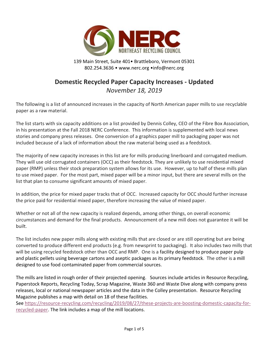 Domestic Recycled Paper Capacity Increases - Updated November 18, 2019