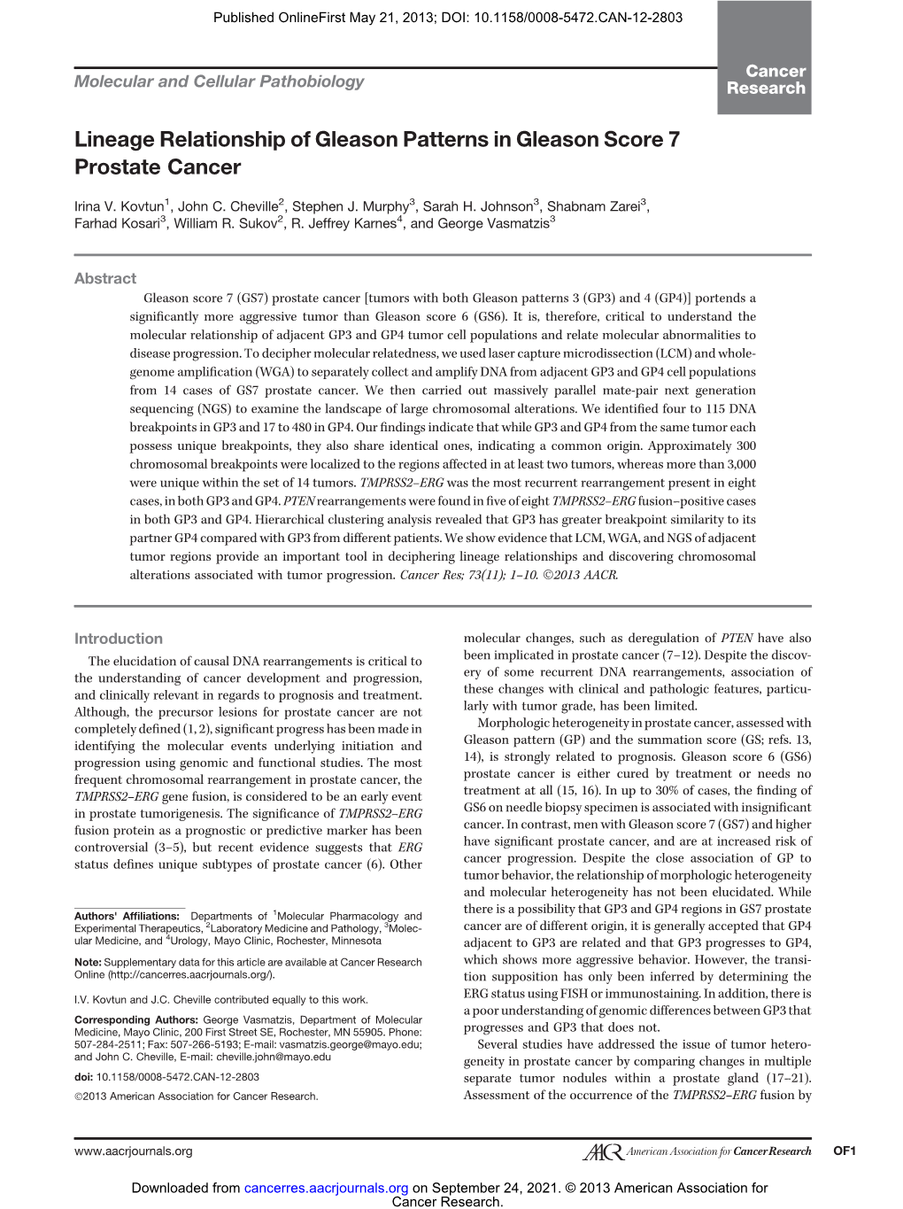 Lineage Relationship of Gleason Patterns in Gleason Score 7 Prostate Cancer