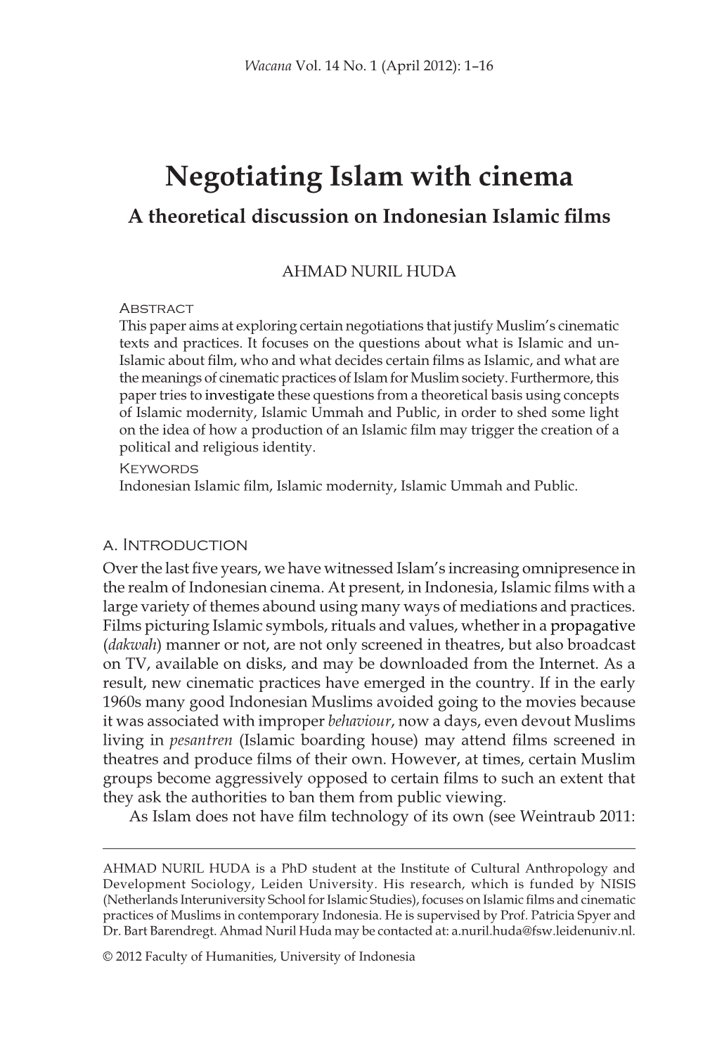 Negotiating Islam with Cinema a Theoretical Discussion on Indonesian Islamic Films