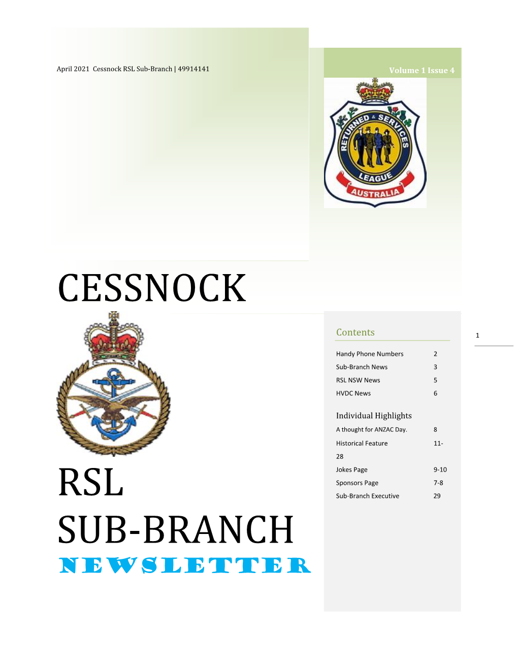 Cessnock RSL Sub-Branch | 49914141 Volume 1 Issue 4