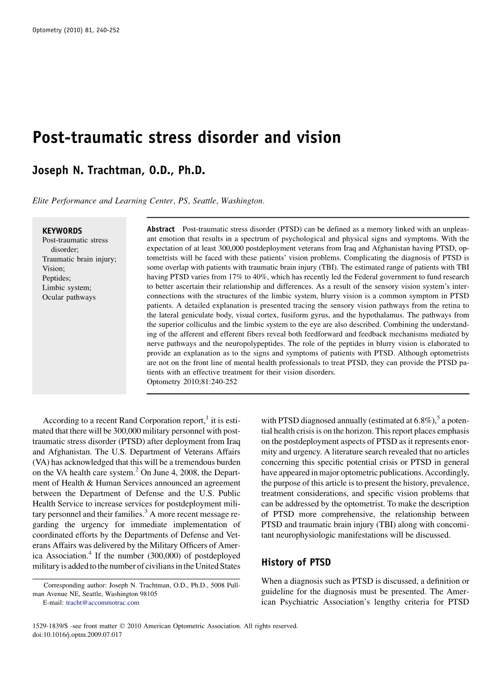 Post-Traumatic Stress Disorder and Vision