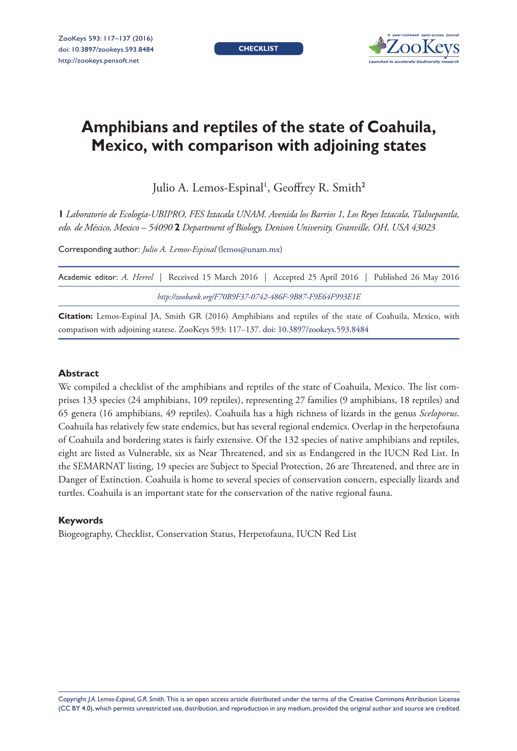 Amphibians and Reptiles of the State of Coahuila, Mexico, with Comparison with Adjoining States