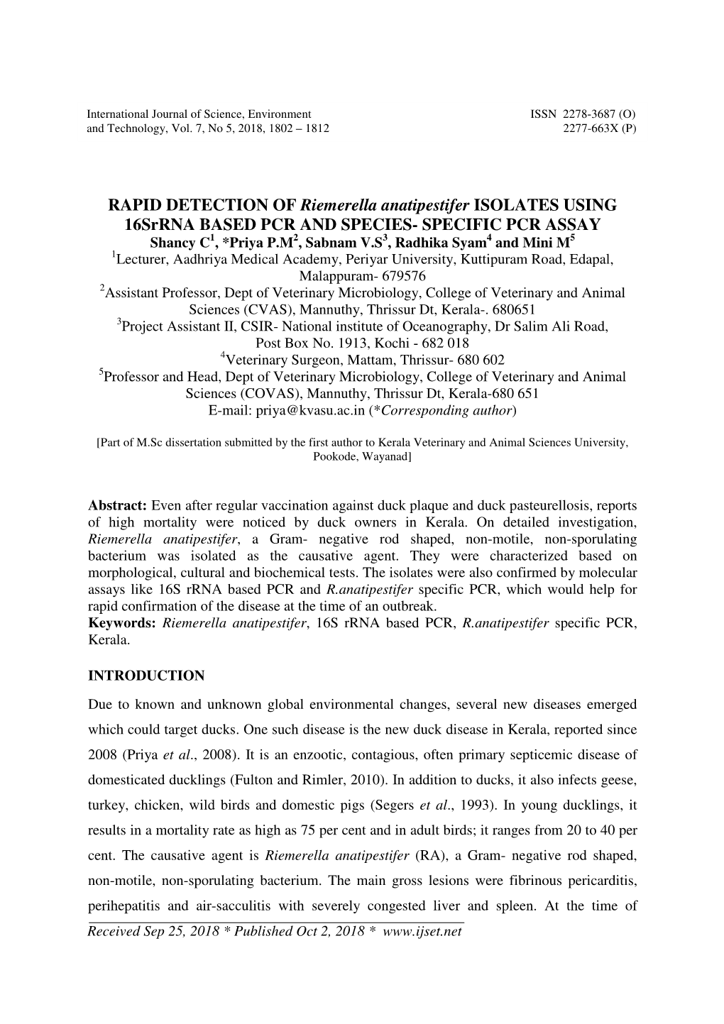 RAPID DETECTION of Riemerella Anatipestifer ISOLATES USING