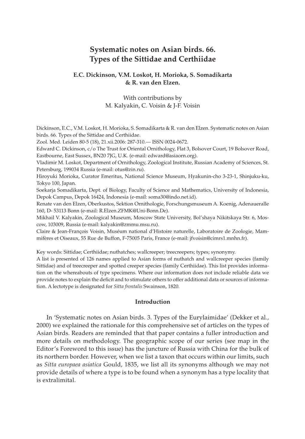 Systematic Notes on Asian Birds. 66. Types of the Sittidae and Certhiidae