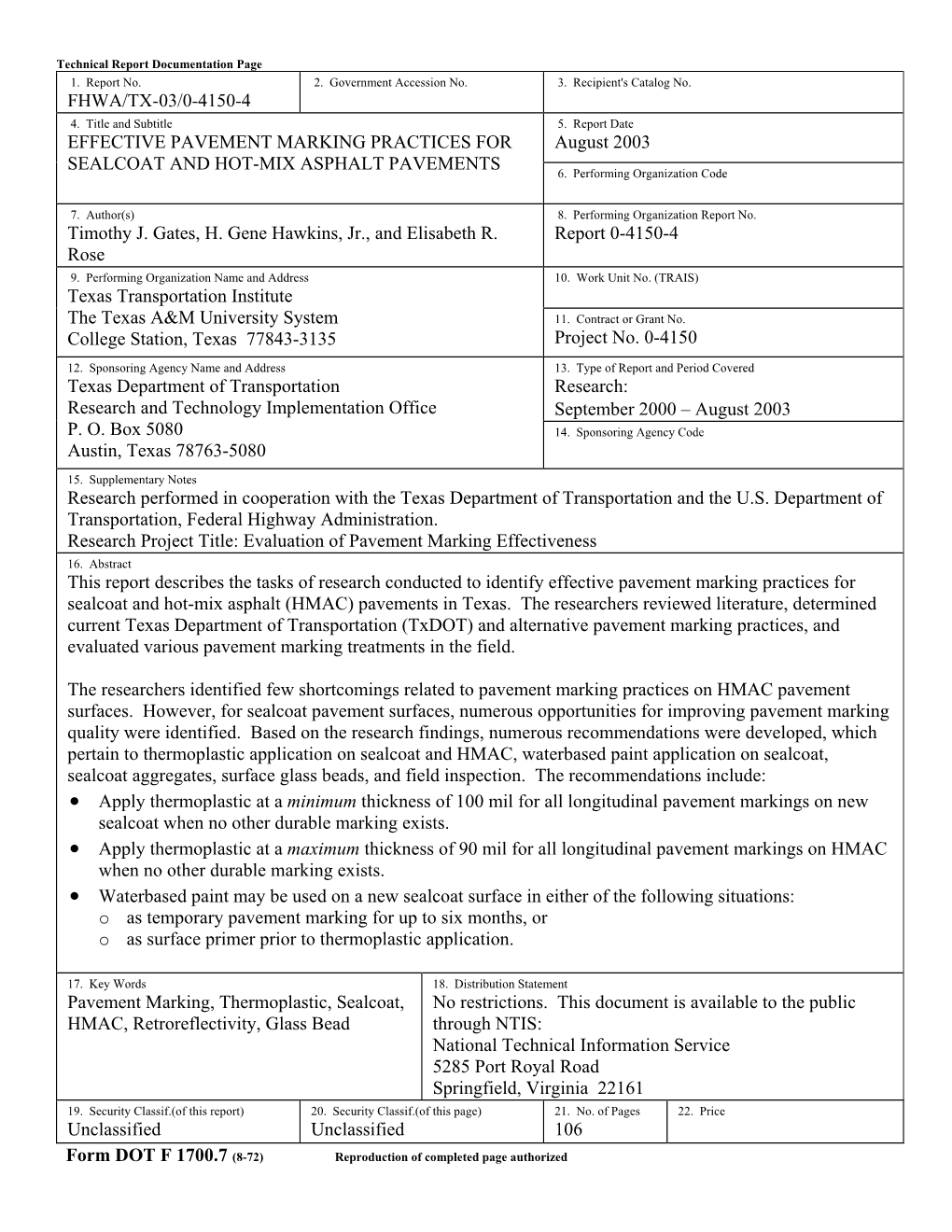 Effective Pavement Marking Practices for Sealcoat and Hot-Mix Asphalt (HMAC) Pavements in Texas