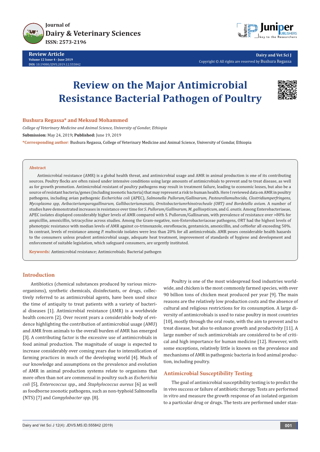 Review on the Major Antimicrobial Resistance Bacterial Pathogen of Poultry